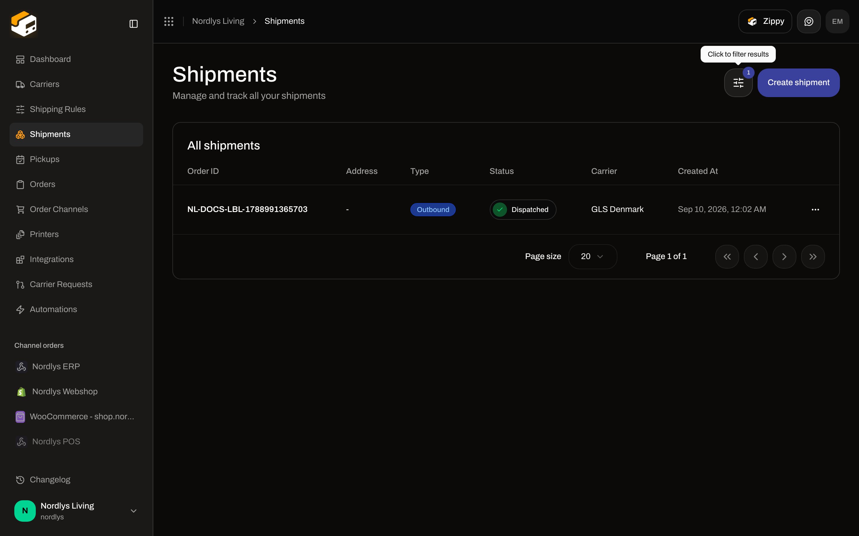 Shipments list after applying a Reference or tracking number search