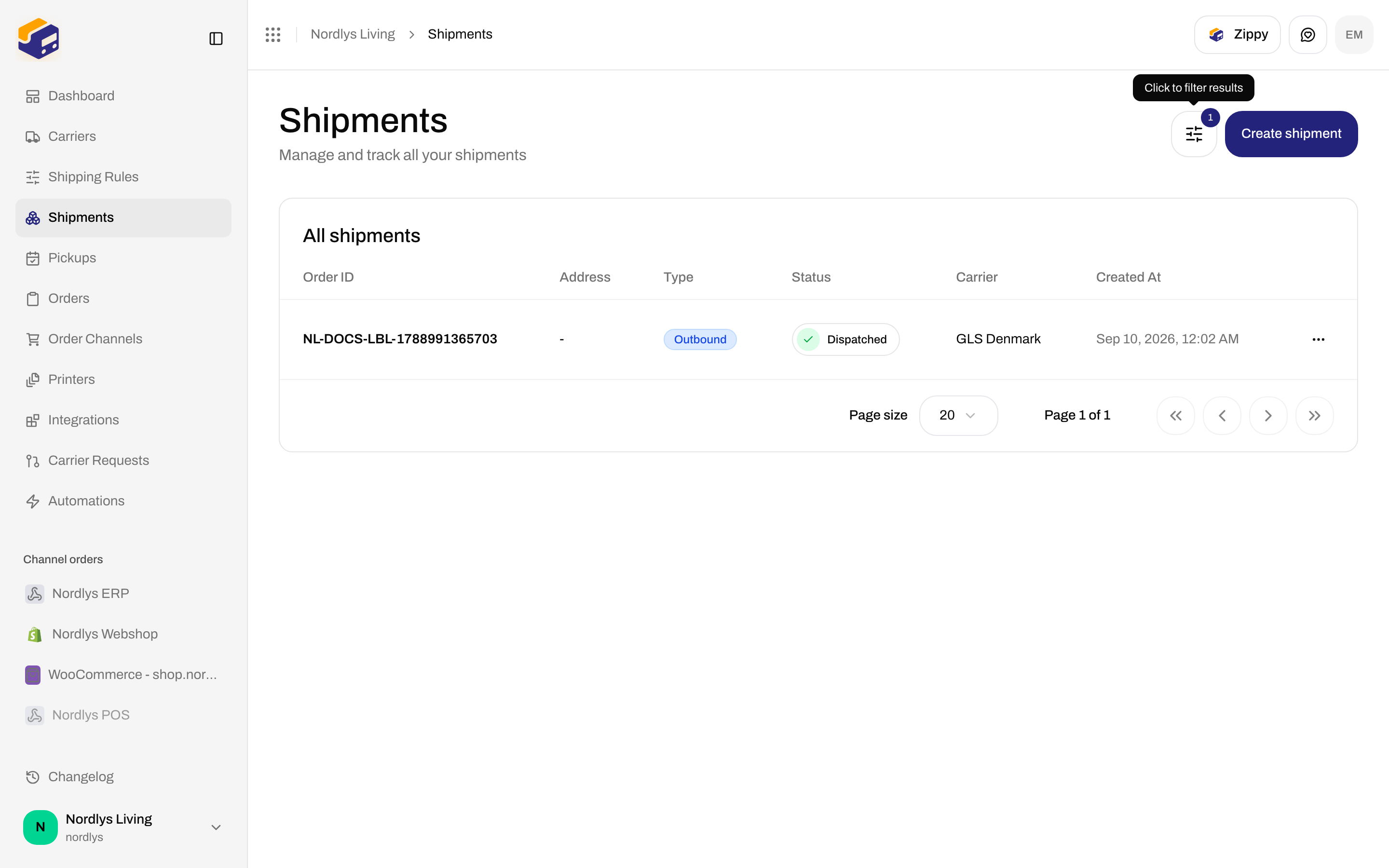 Shipments list after applying a Reference or tracking number search