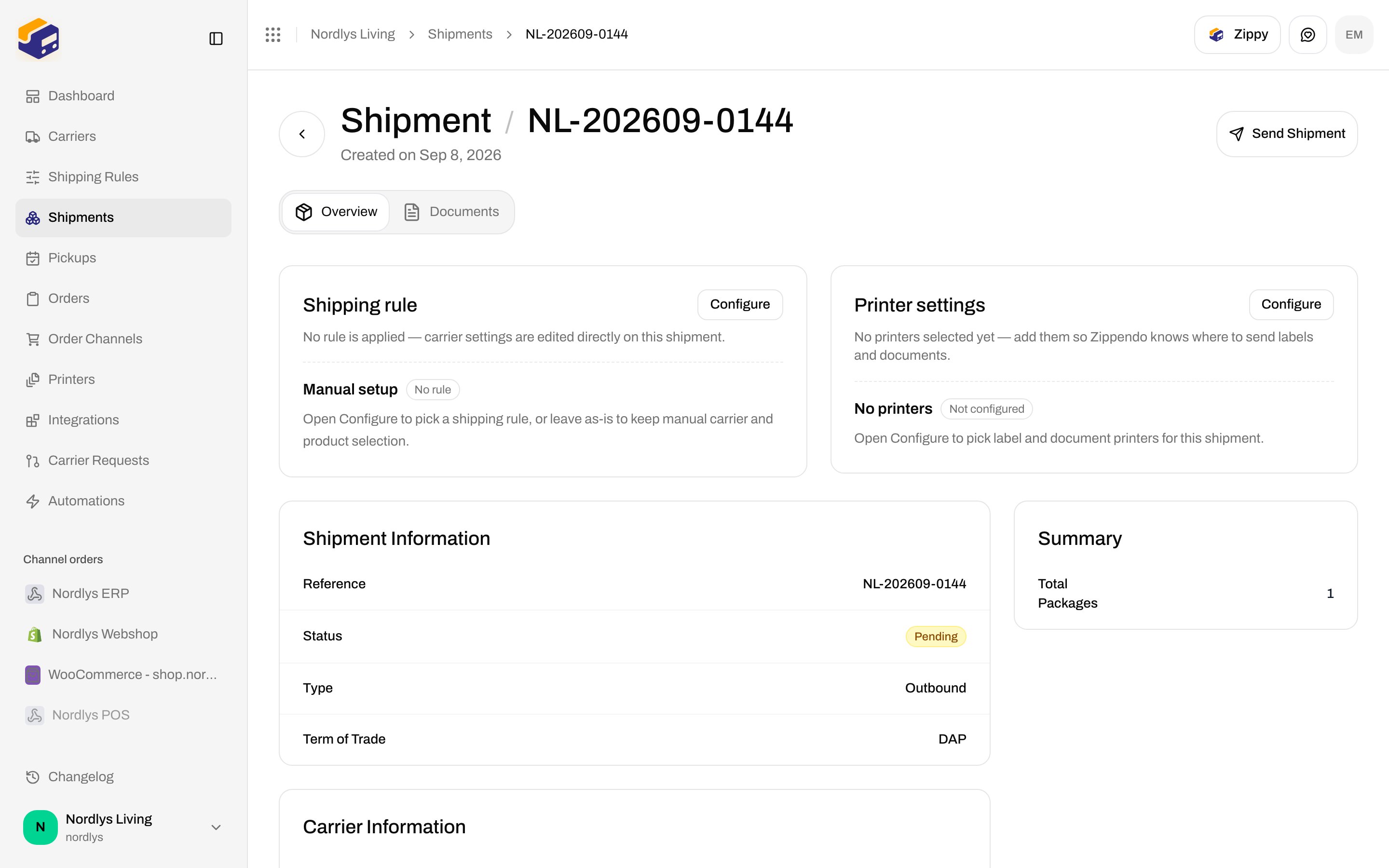 Pending shipment detail with Send Shipment in the header