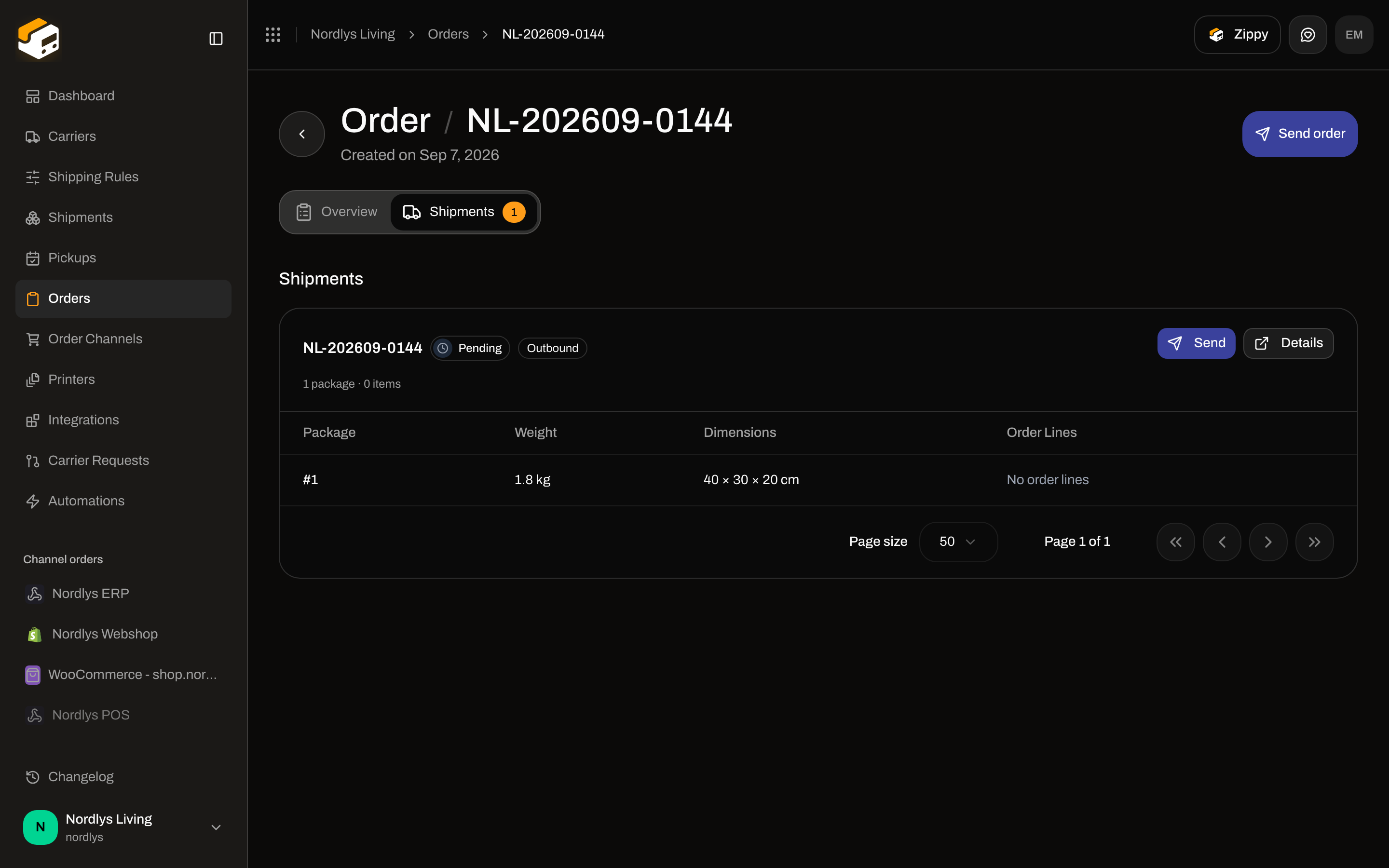 Order Shipments tab with Send order in the header and a pending shipment card