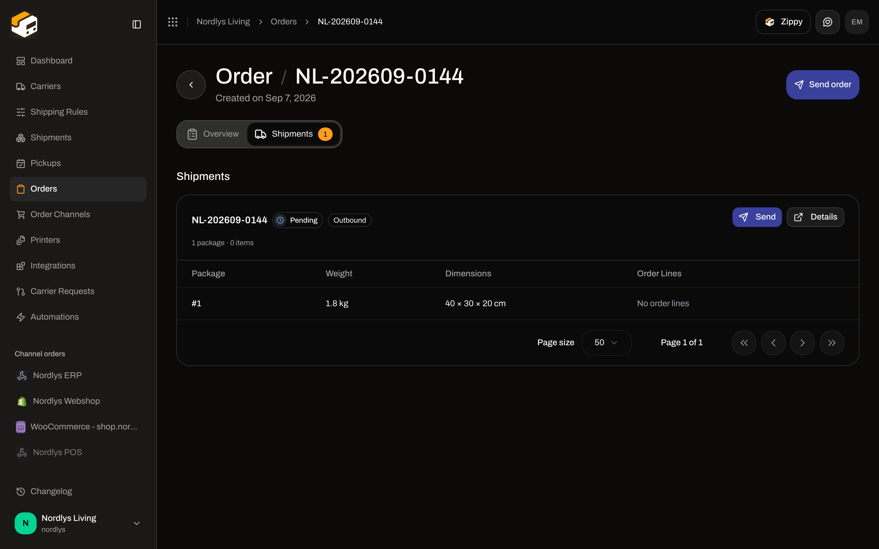 Order Shipments tab with Send order in the header and a pending shipment card