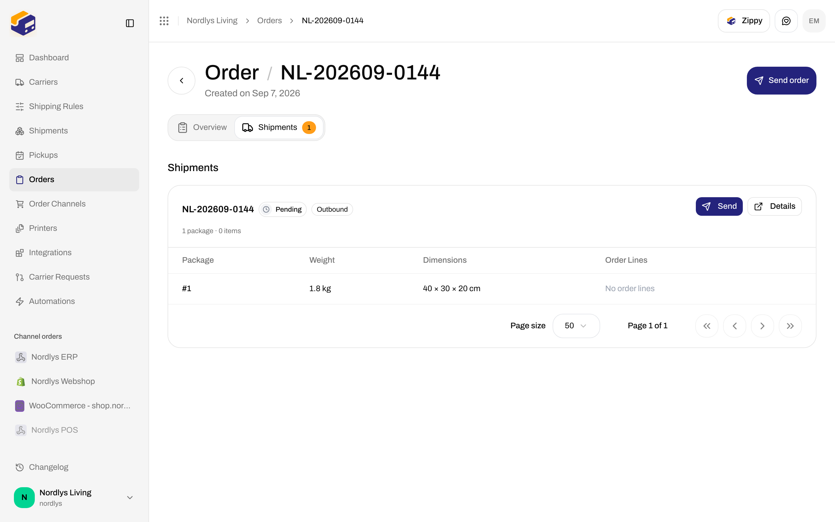 Order Shipments tab with Send order in the header and a pending shipment card