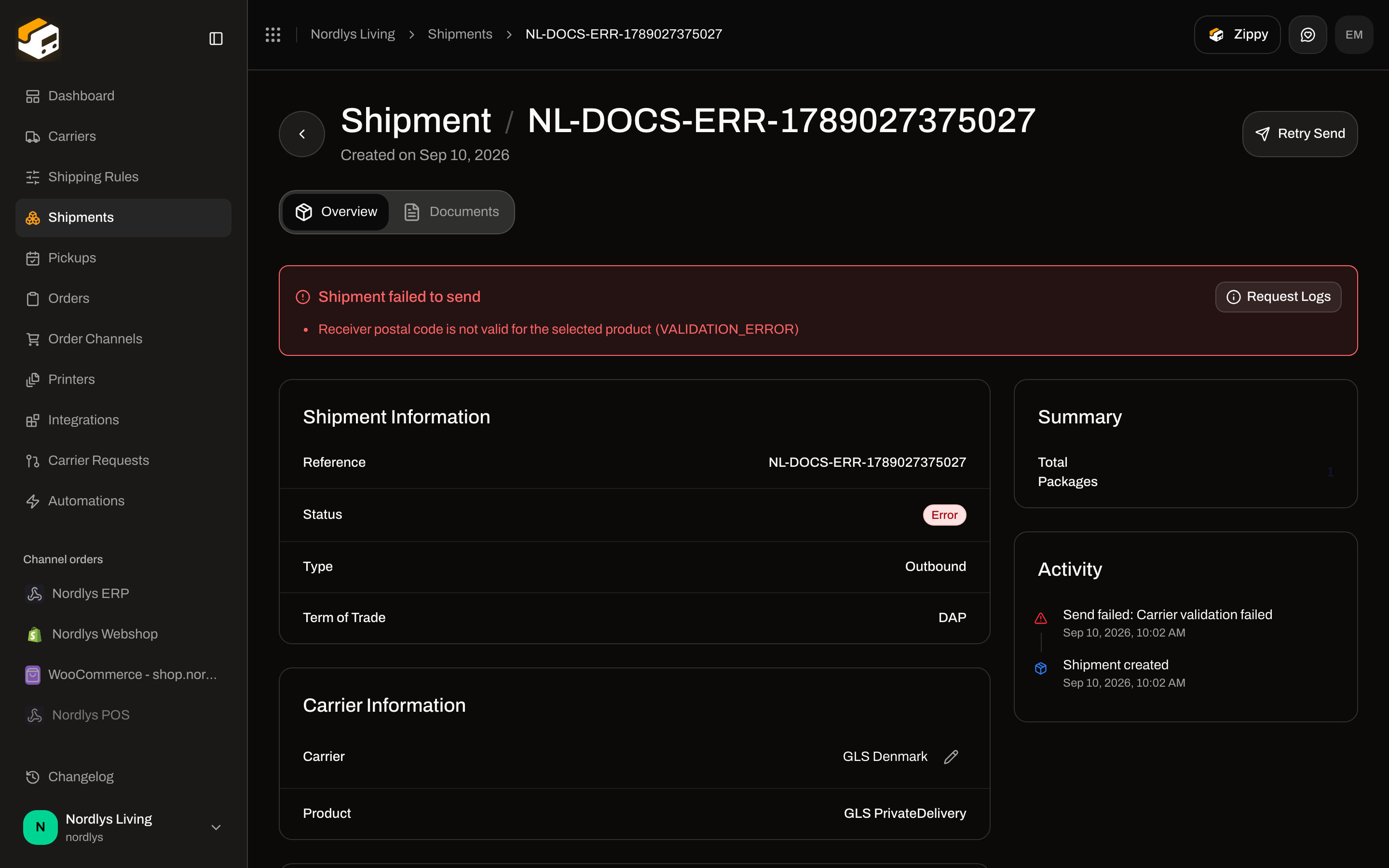 Shipment error banner Shipment failed to send with Retry Send in the header