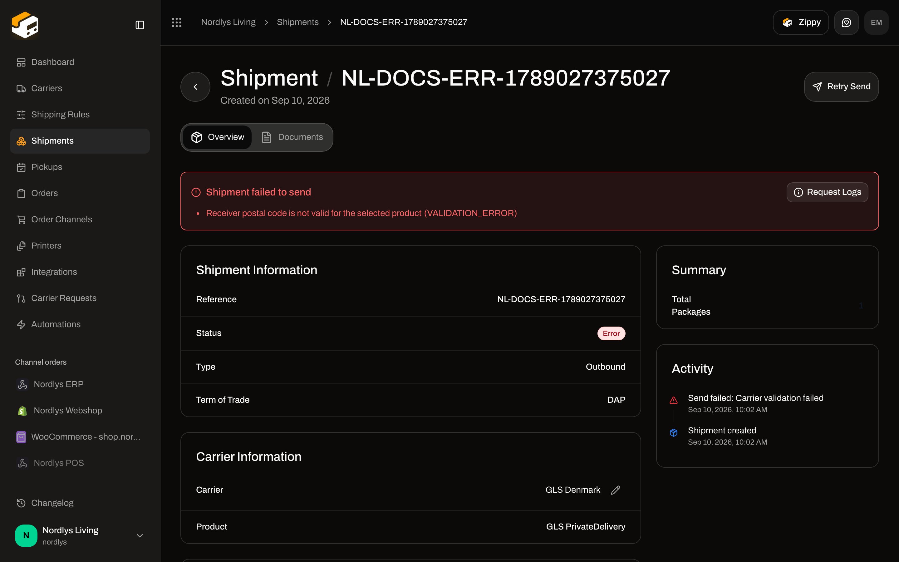 Shipment error banner Shipment failed to send with Retry Send in the header
