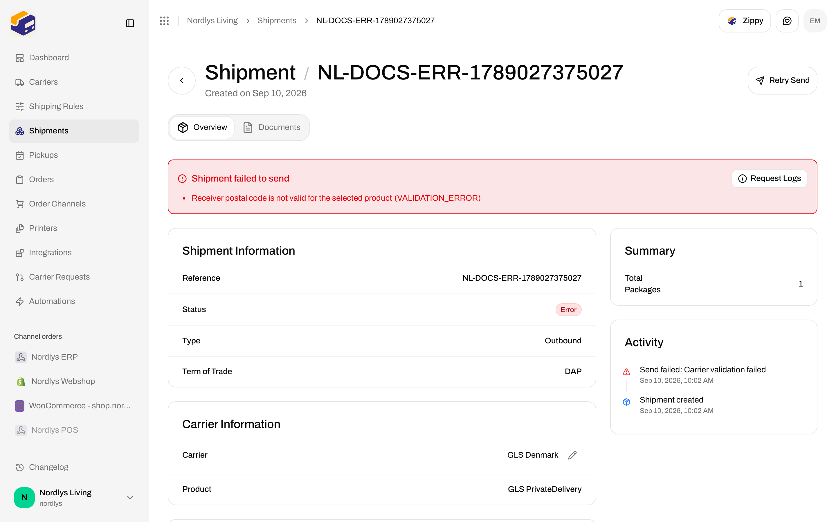 Shipment error banner Shipment failed to send with Retry Send in the header