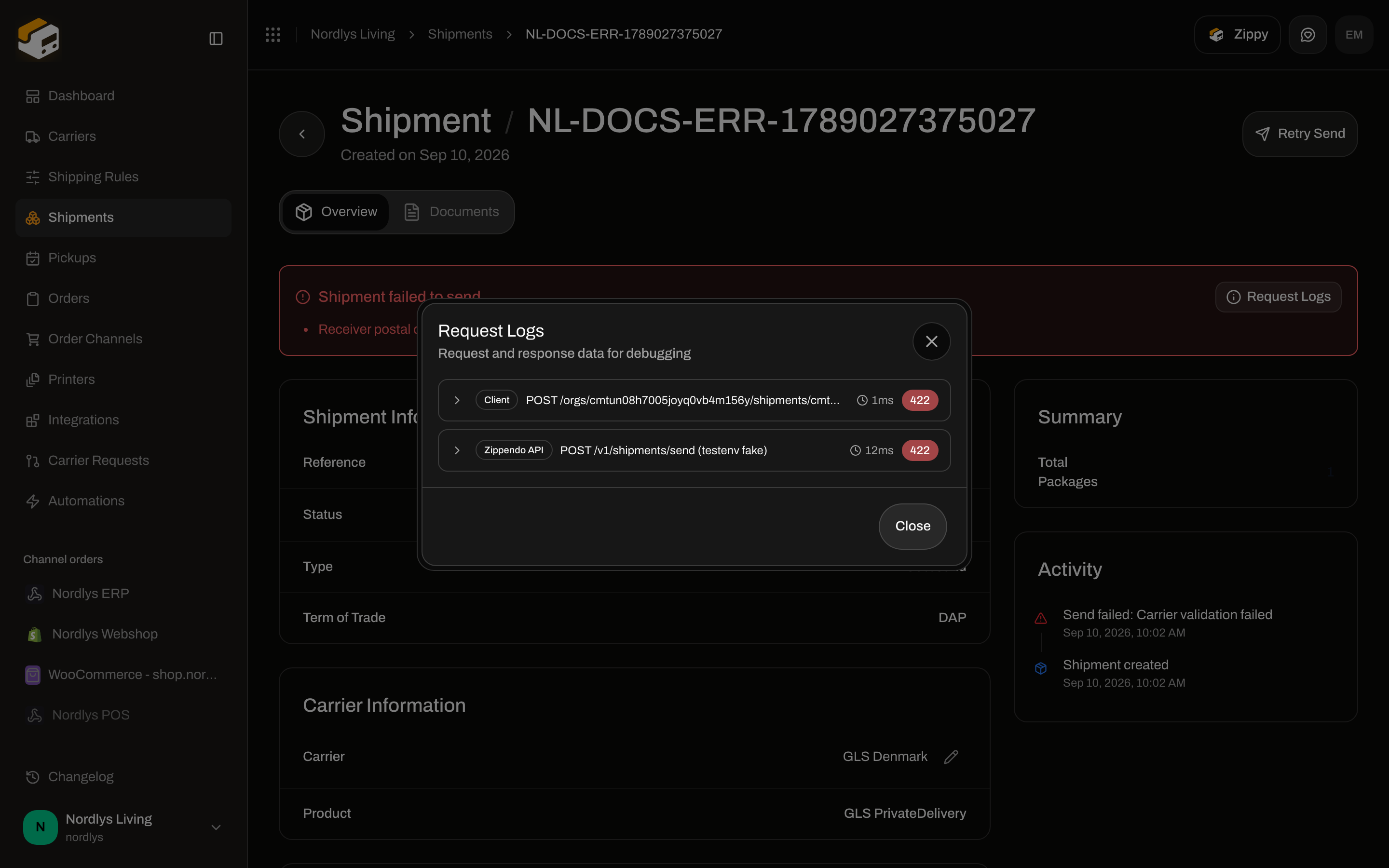 Request Logs modal with request and response data for debugging