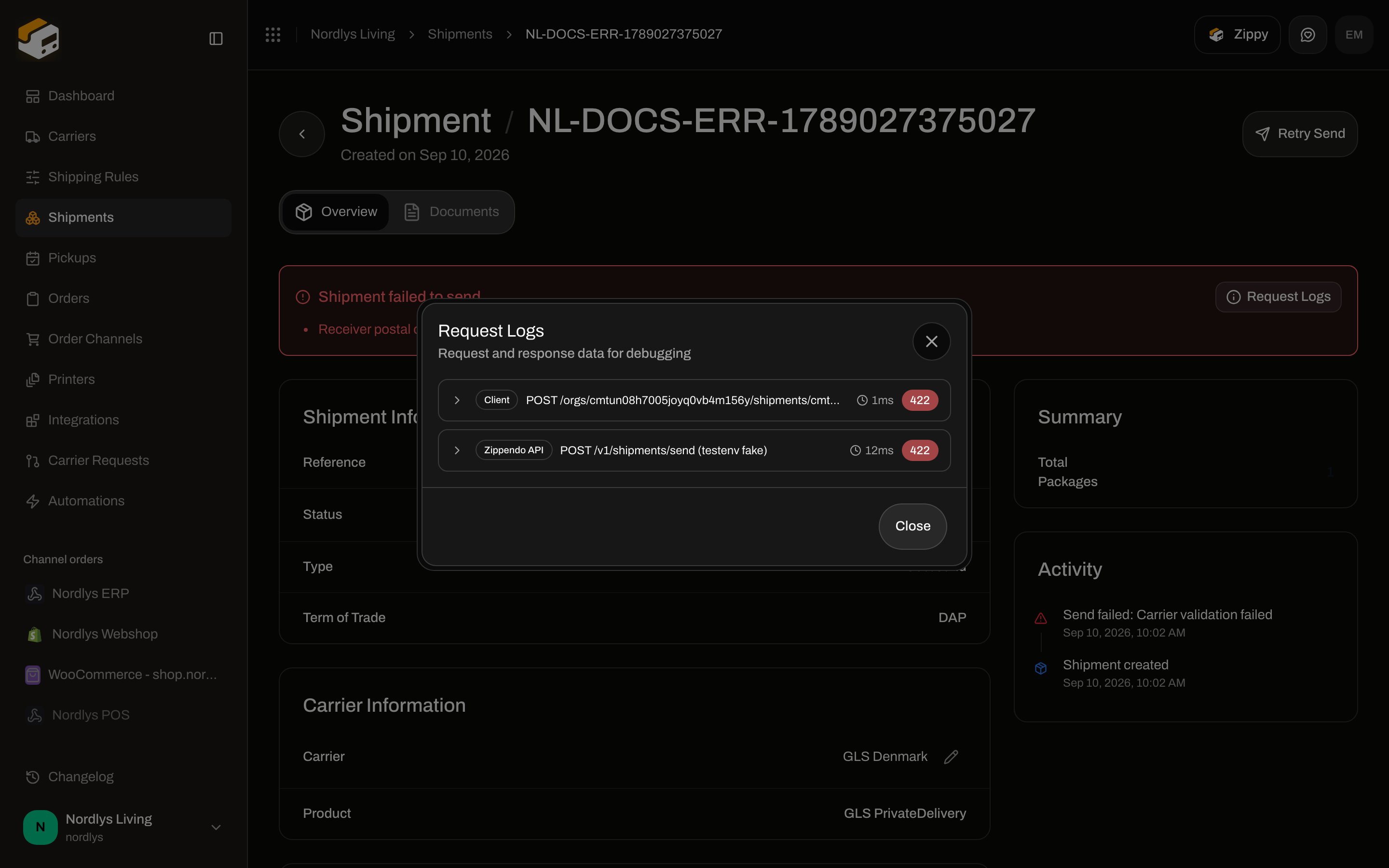Request Logs modal with request and response data for debugging
