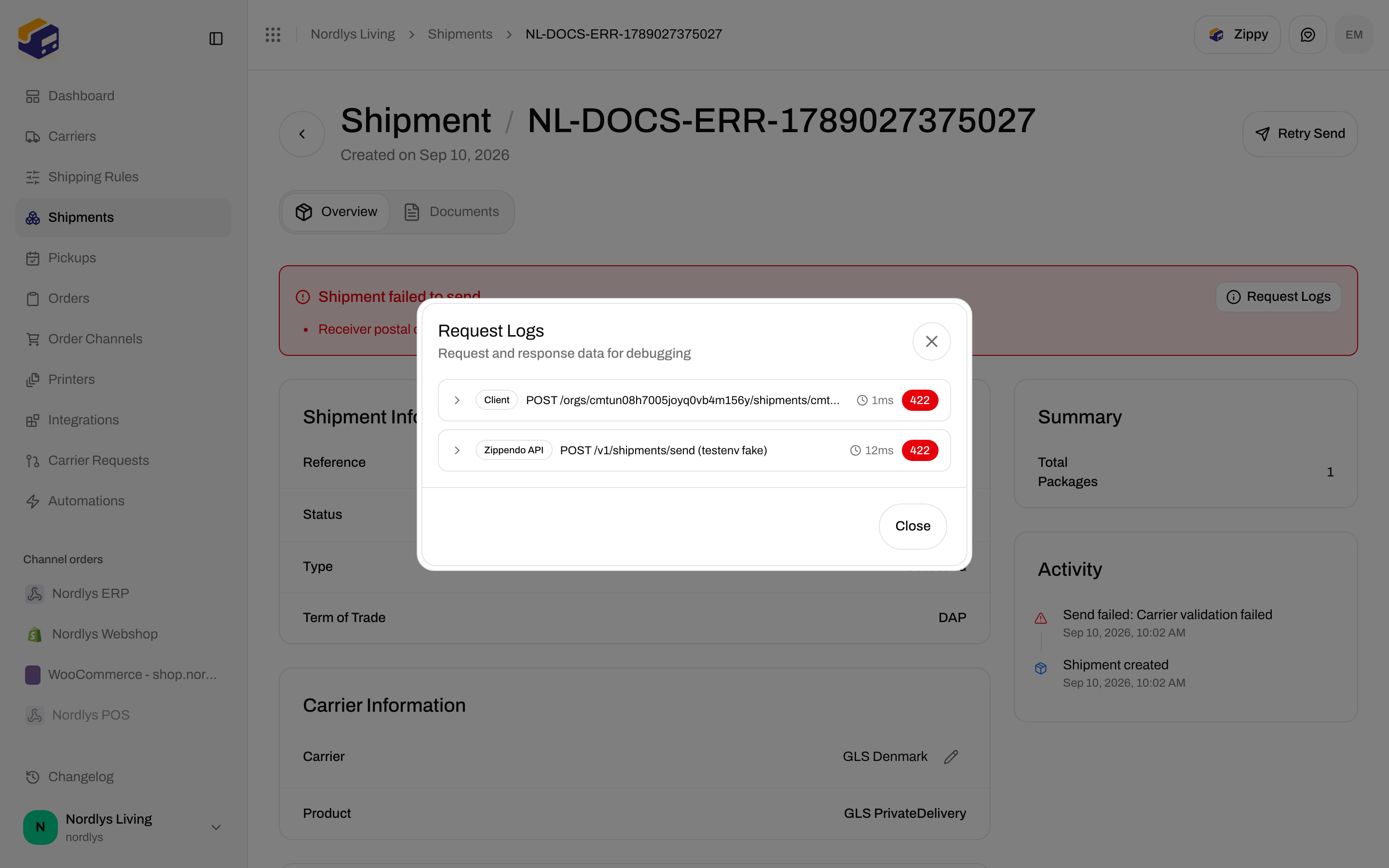 Request Logs modal with request and response data for debugging