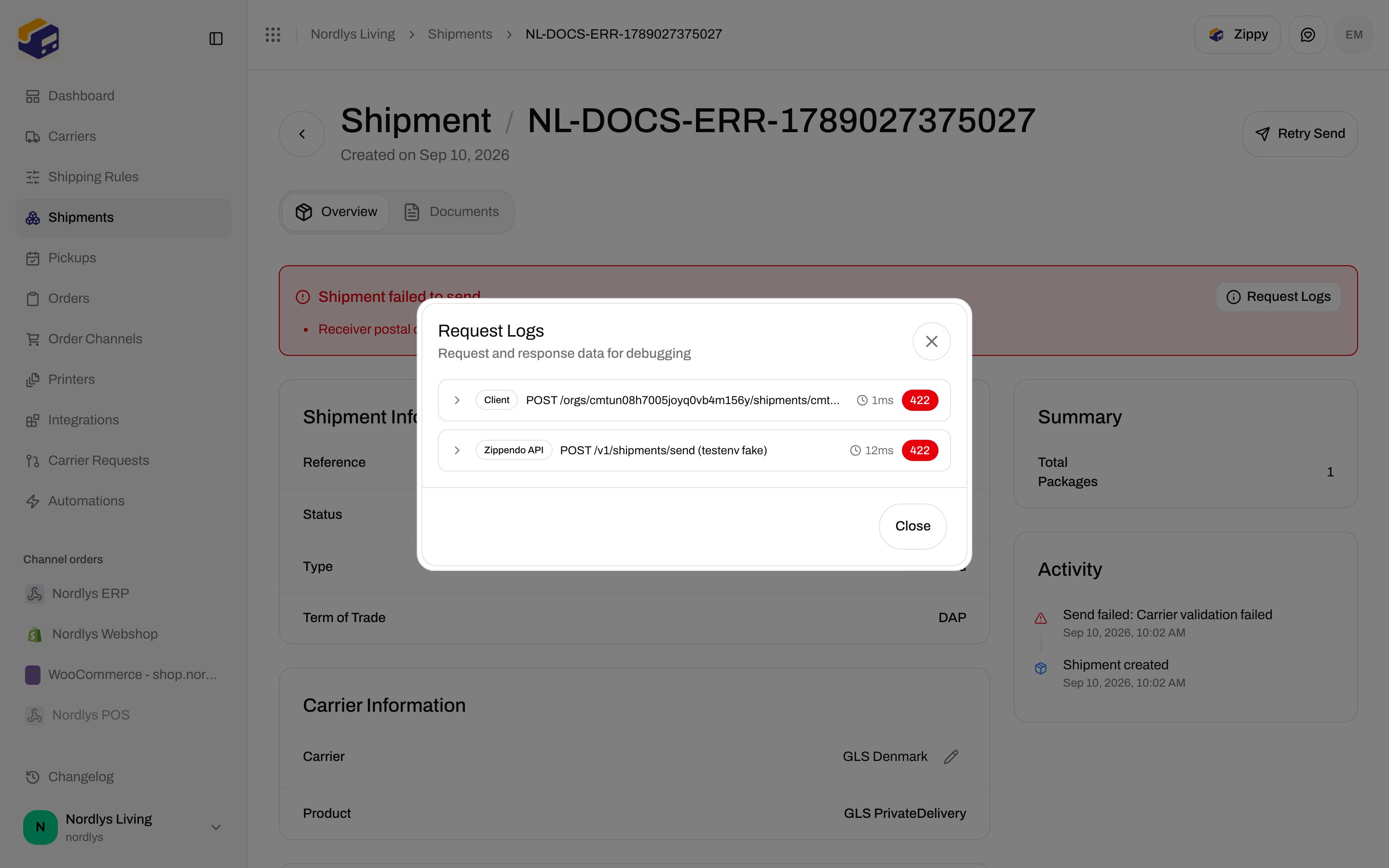 Request Logs modal with request and response data for debugging