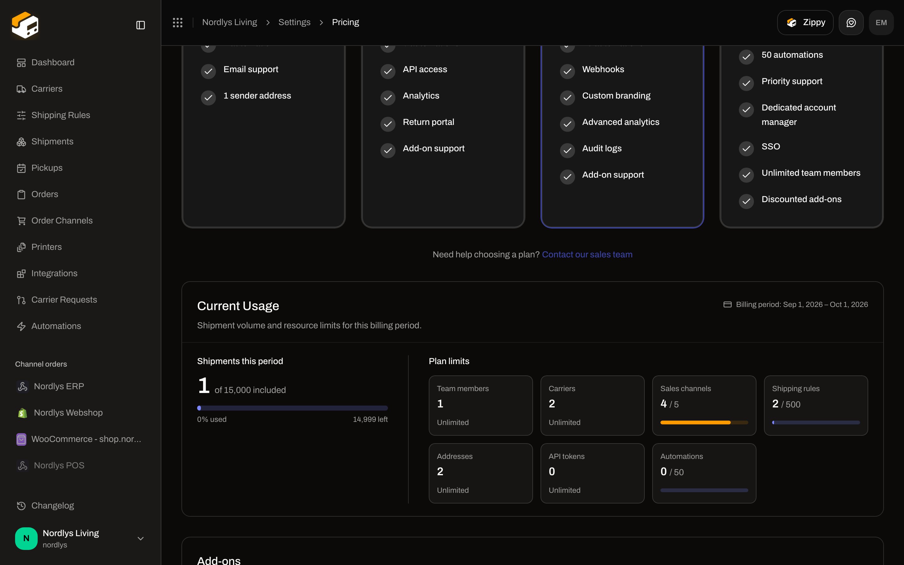 Settings Pricing Current Usage with Shipments this period