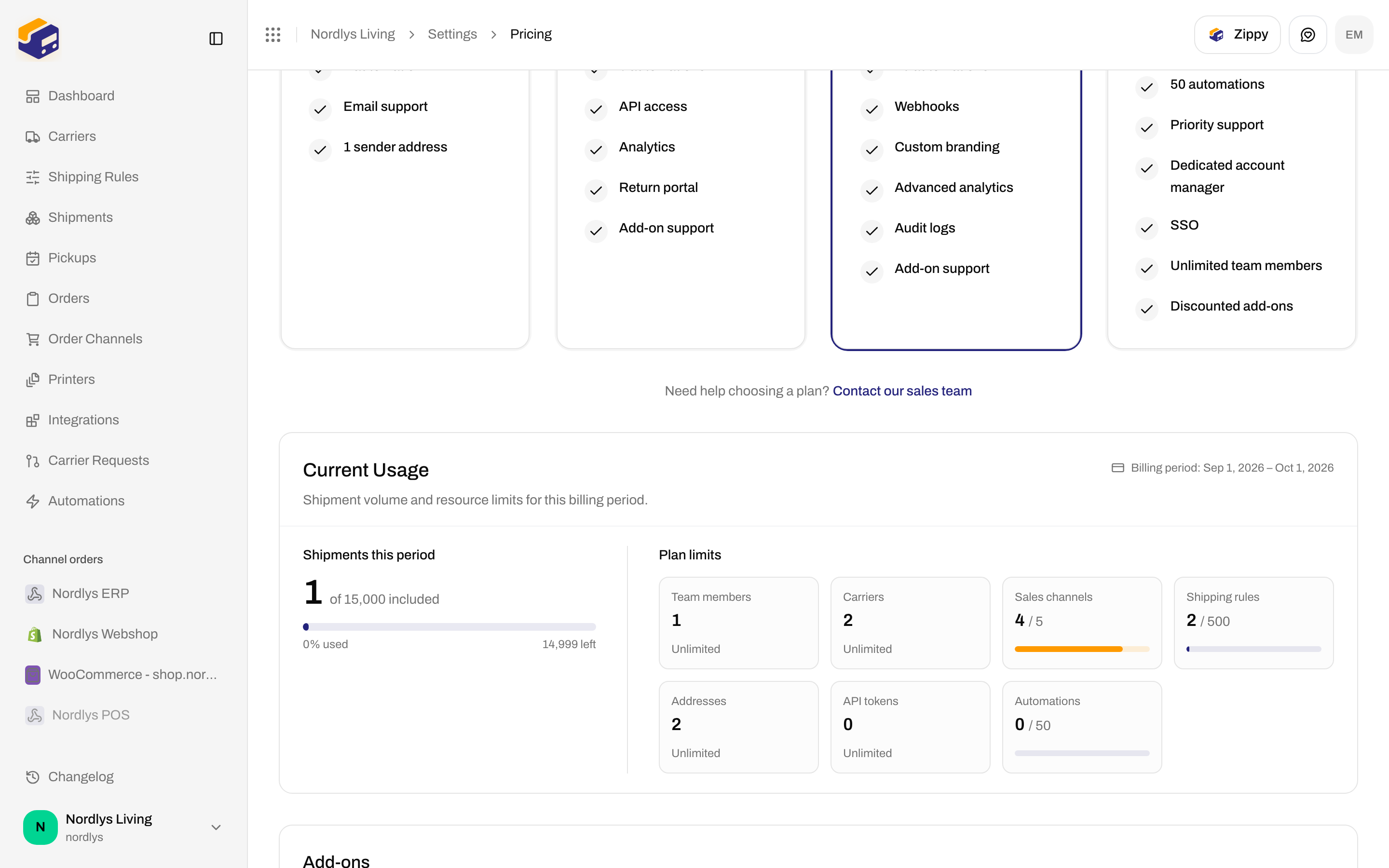 Settings Pricing Current Usage with Shipments this period