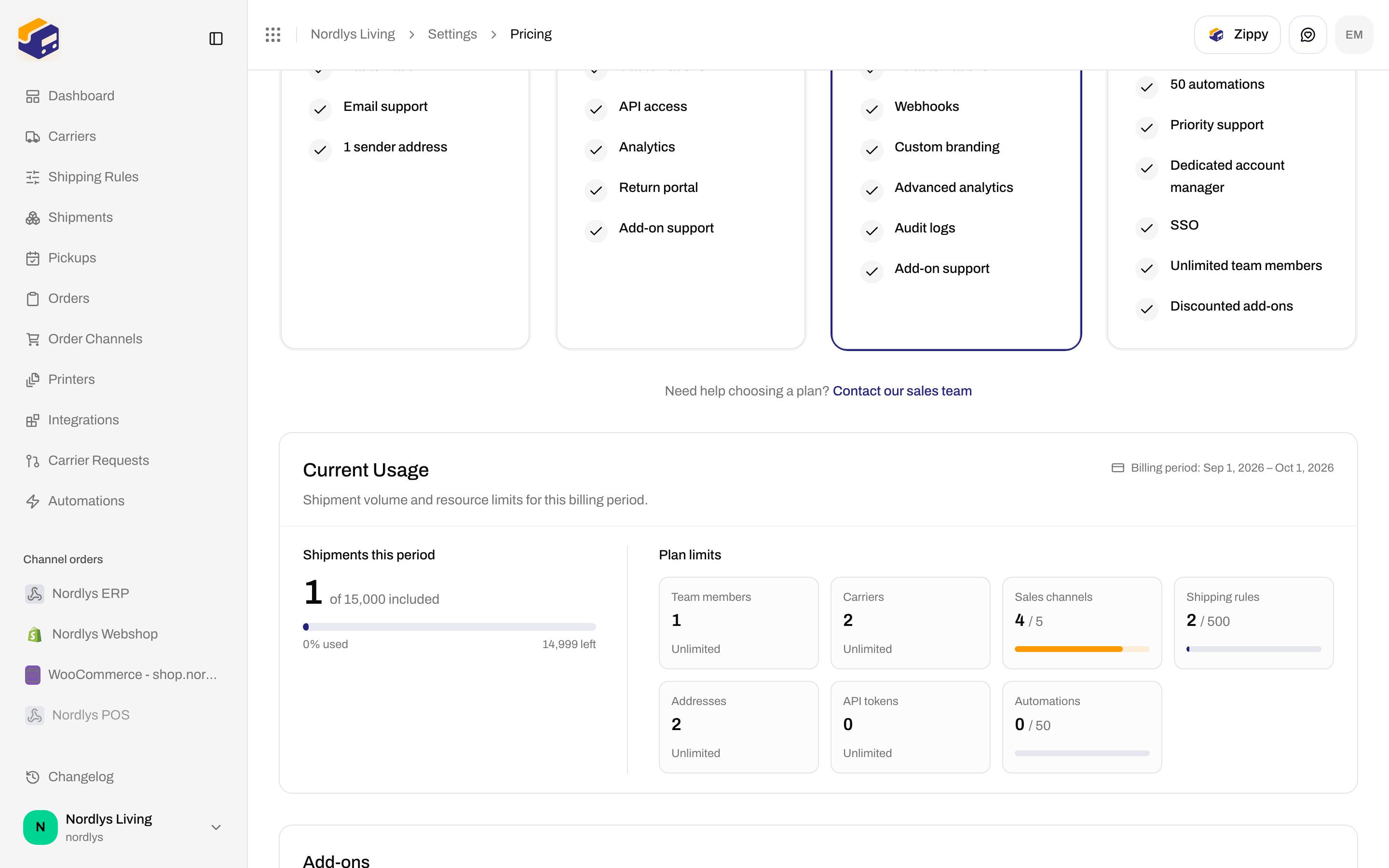 Settings Pricing Current Usage with Shipments this period