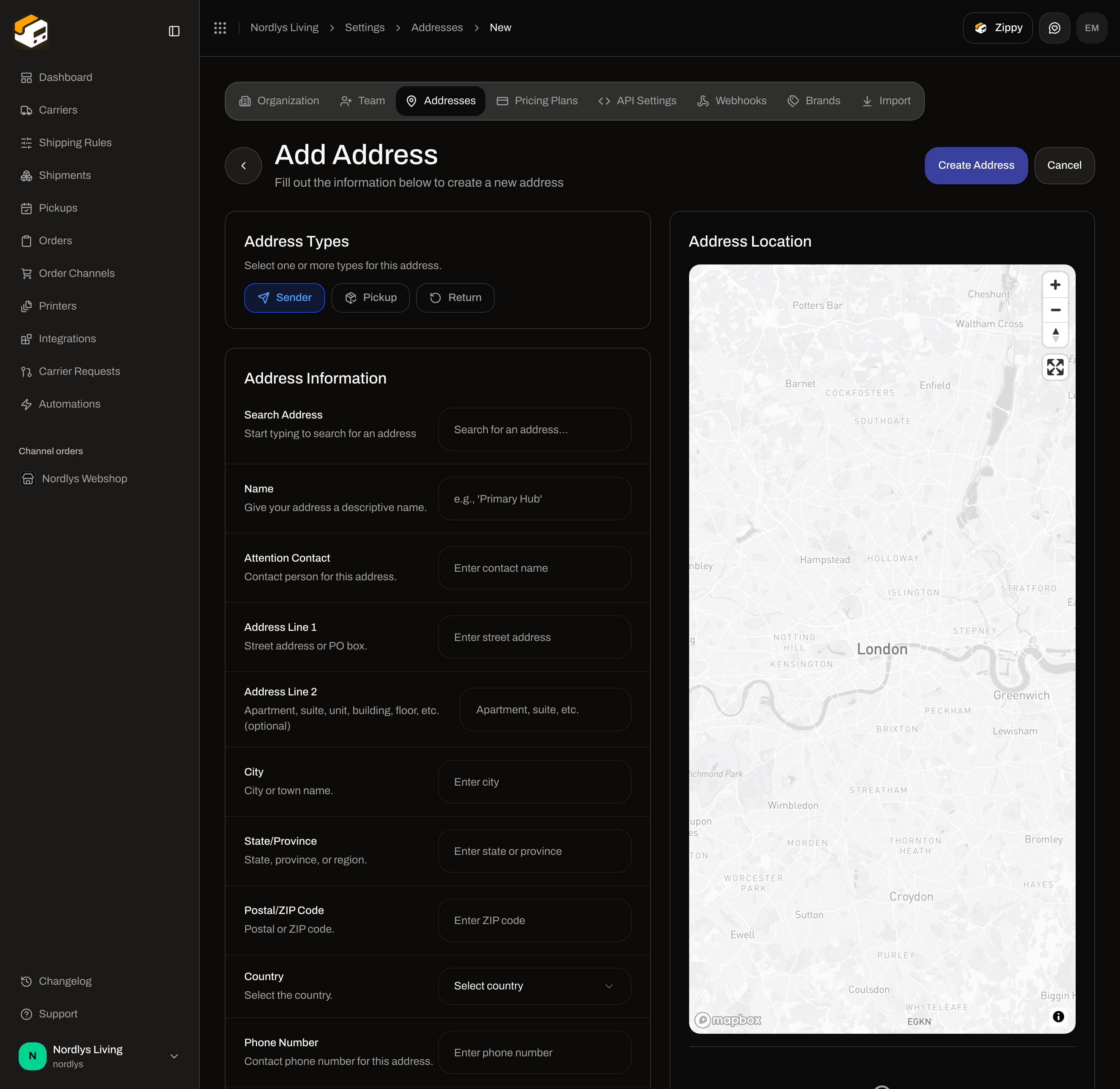 Add Address form with Address Types, Address Information, and Address Location map