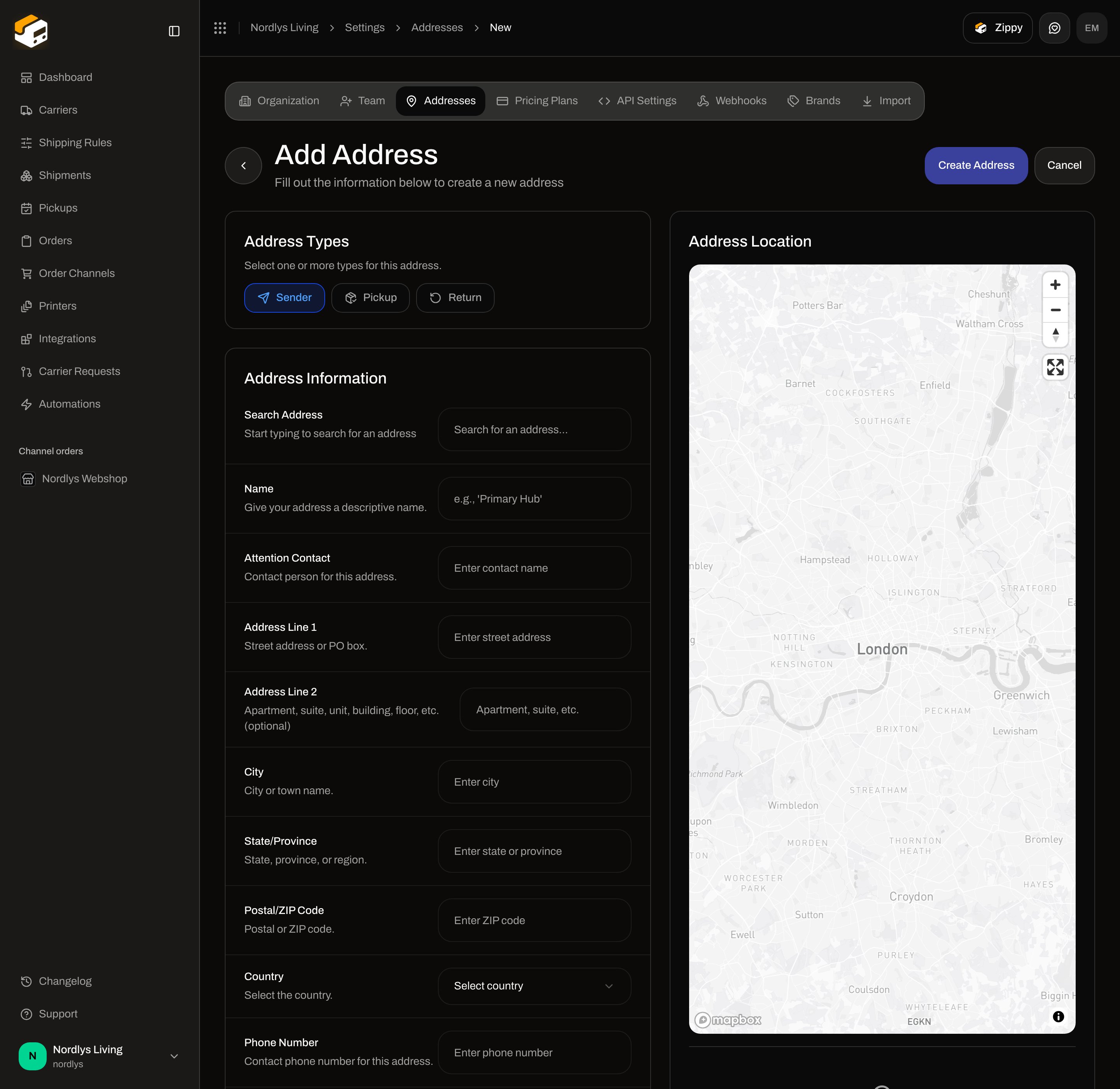 Add Address form with Address Types, Address Information, and Address Location map
