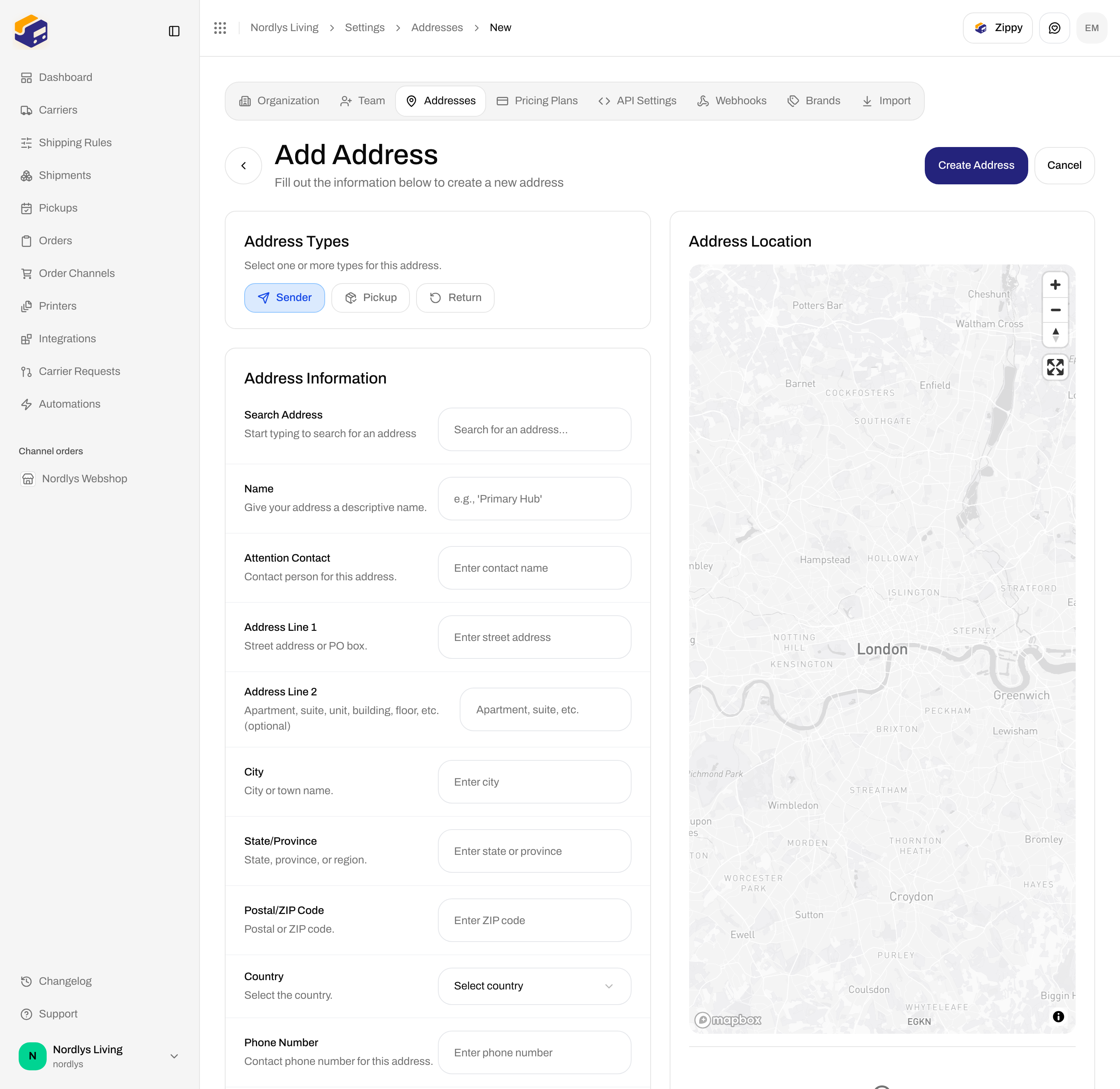 Add Address form with Address Types, Address Information, and Address Location map