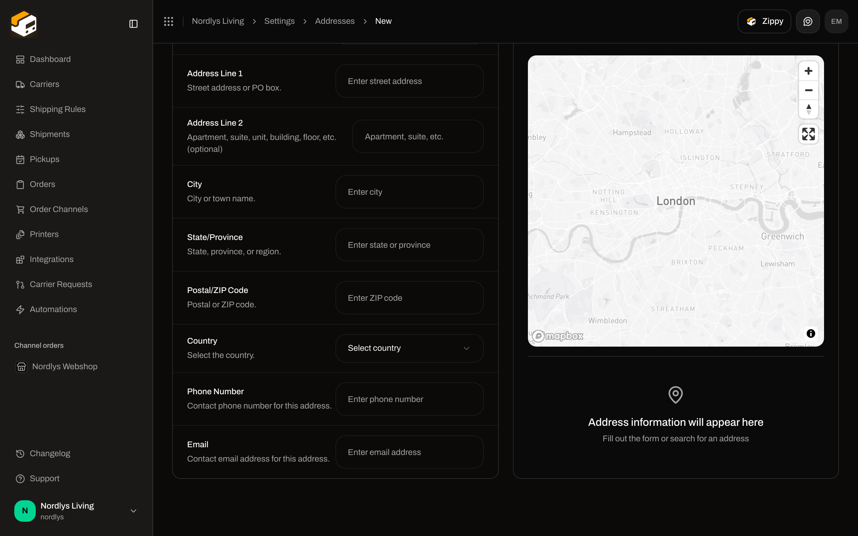 Add Address remaining fields: Address Line 2, City, State/Province, Postal/ZIP Code, Country, Phone Number, Email