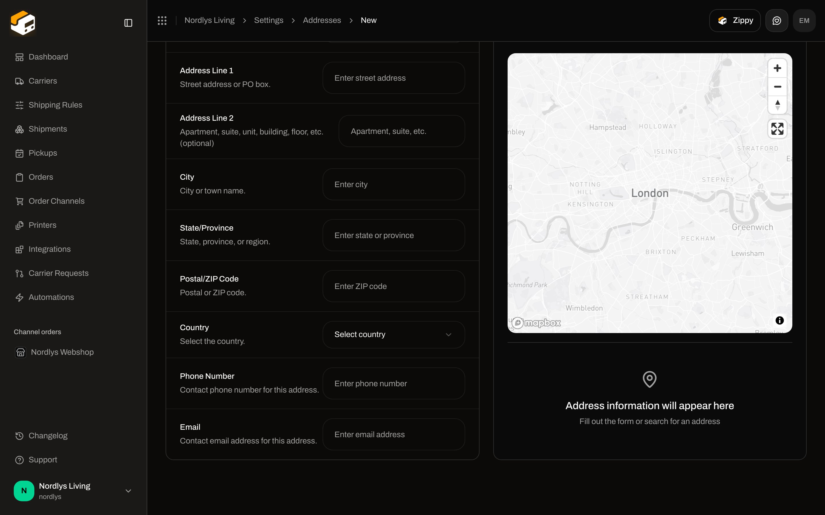 Add Address remaining fields: Address Line 2, City, State/Province, Postal/ZIP Code, Country, Phone Number, Email