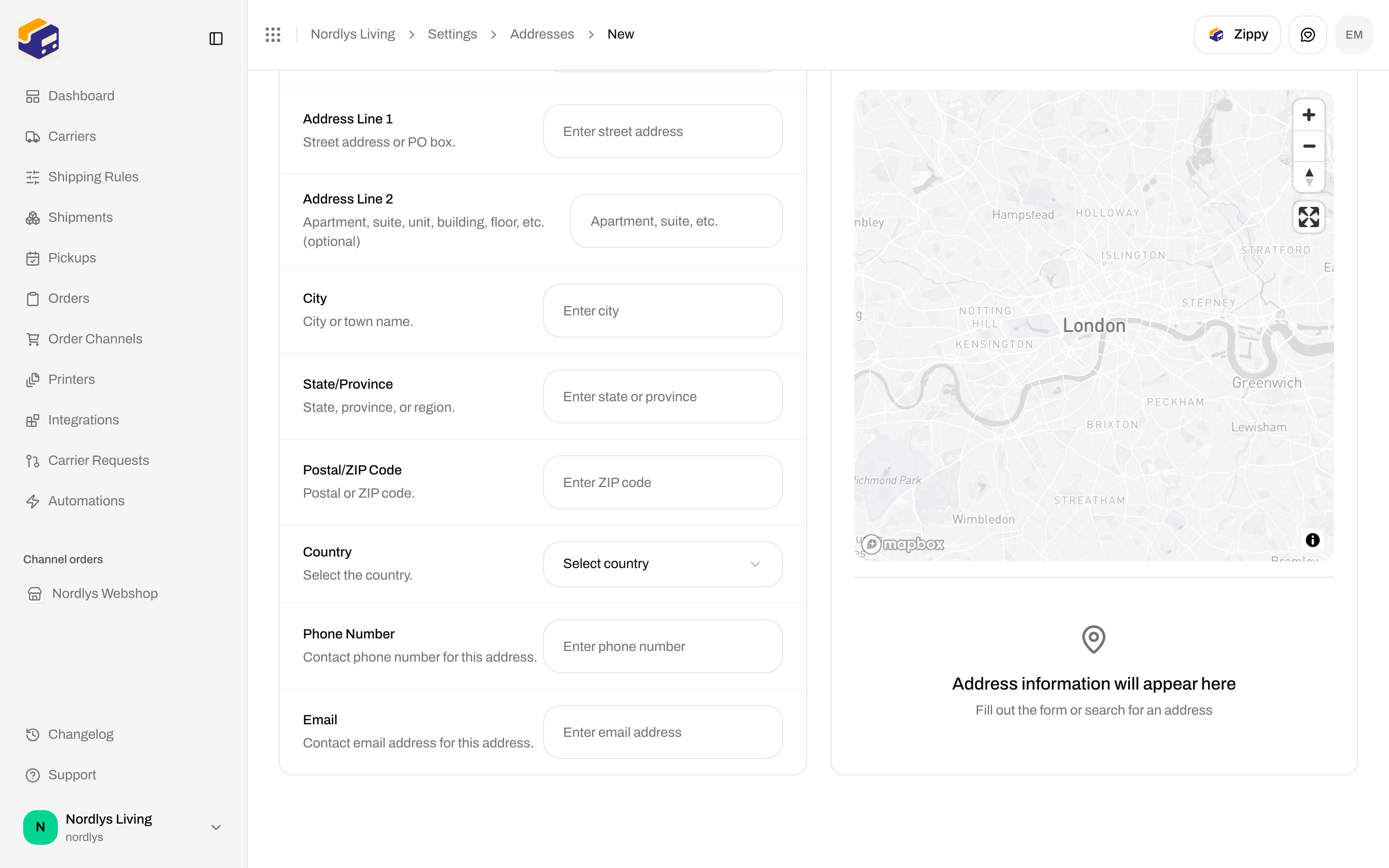 Add Address remaining fields: Address Line 2, City, State/Province, Postal/ZIP Code, Country, Phone Number, Email