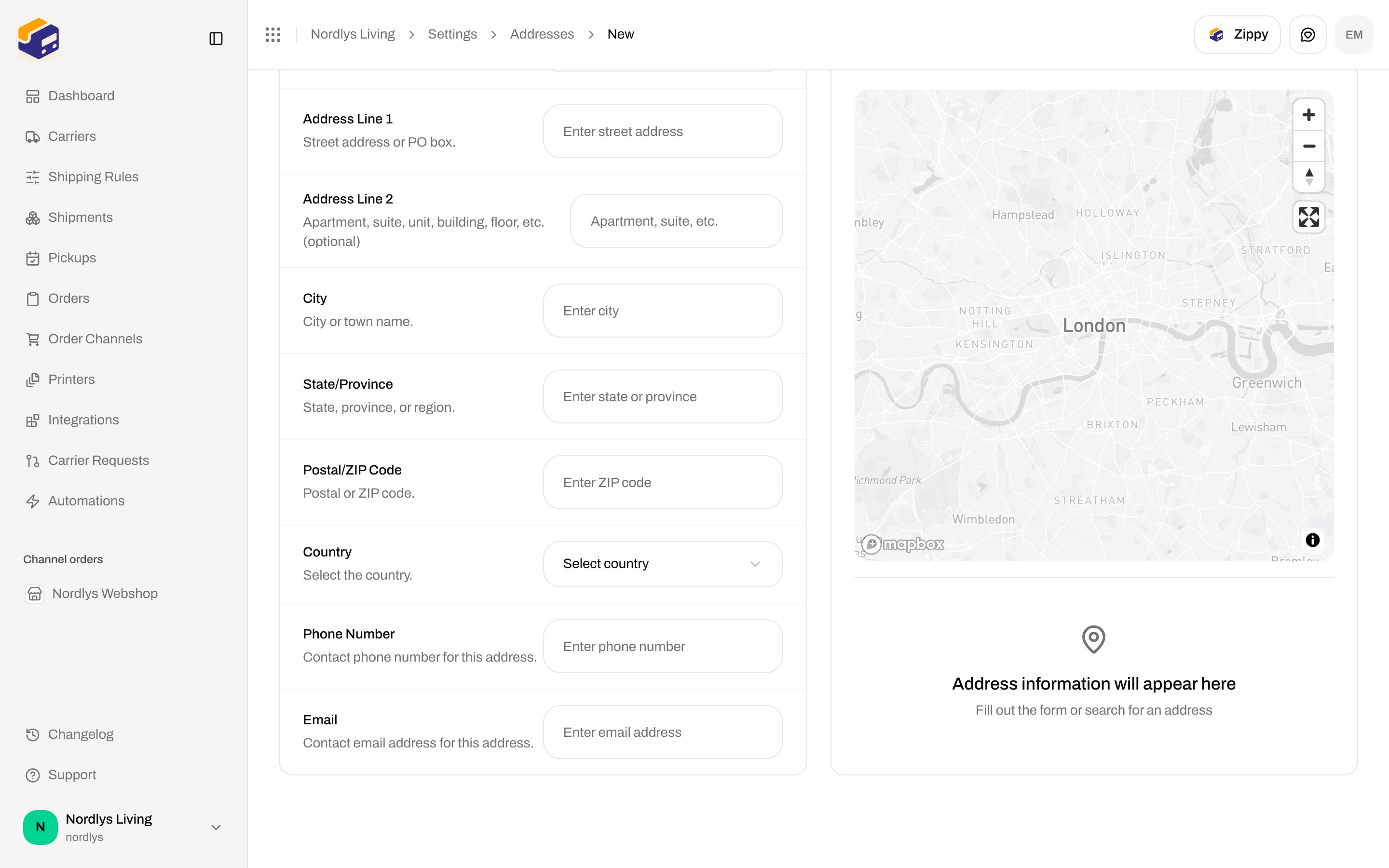 Add Address remaining fields: Address Line 2, City, State/Province, Postal/ZIP Code, Country, Phone Number, Email