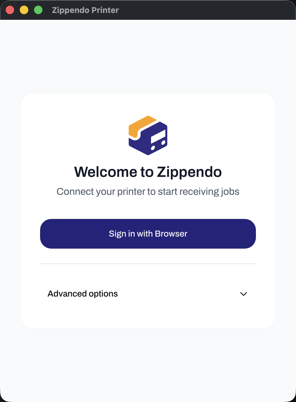 Zippendo Printer desktop app window with Welcome to Zippendo, Sign in with Browser, and Advanced options