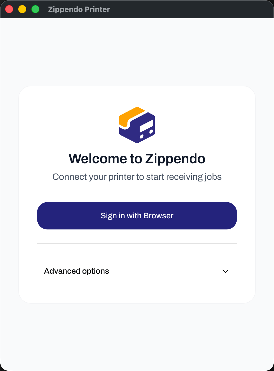 Zippendo Printer desktop app window with Welcome to Zippendo, Sign in with Browser, and Advanced options