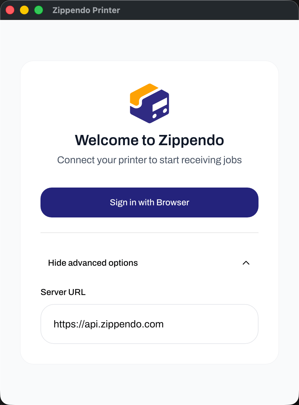 Zippendo Printer desktop app window with Advanced options open and Server URL set to https://api.zippendo.com