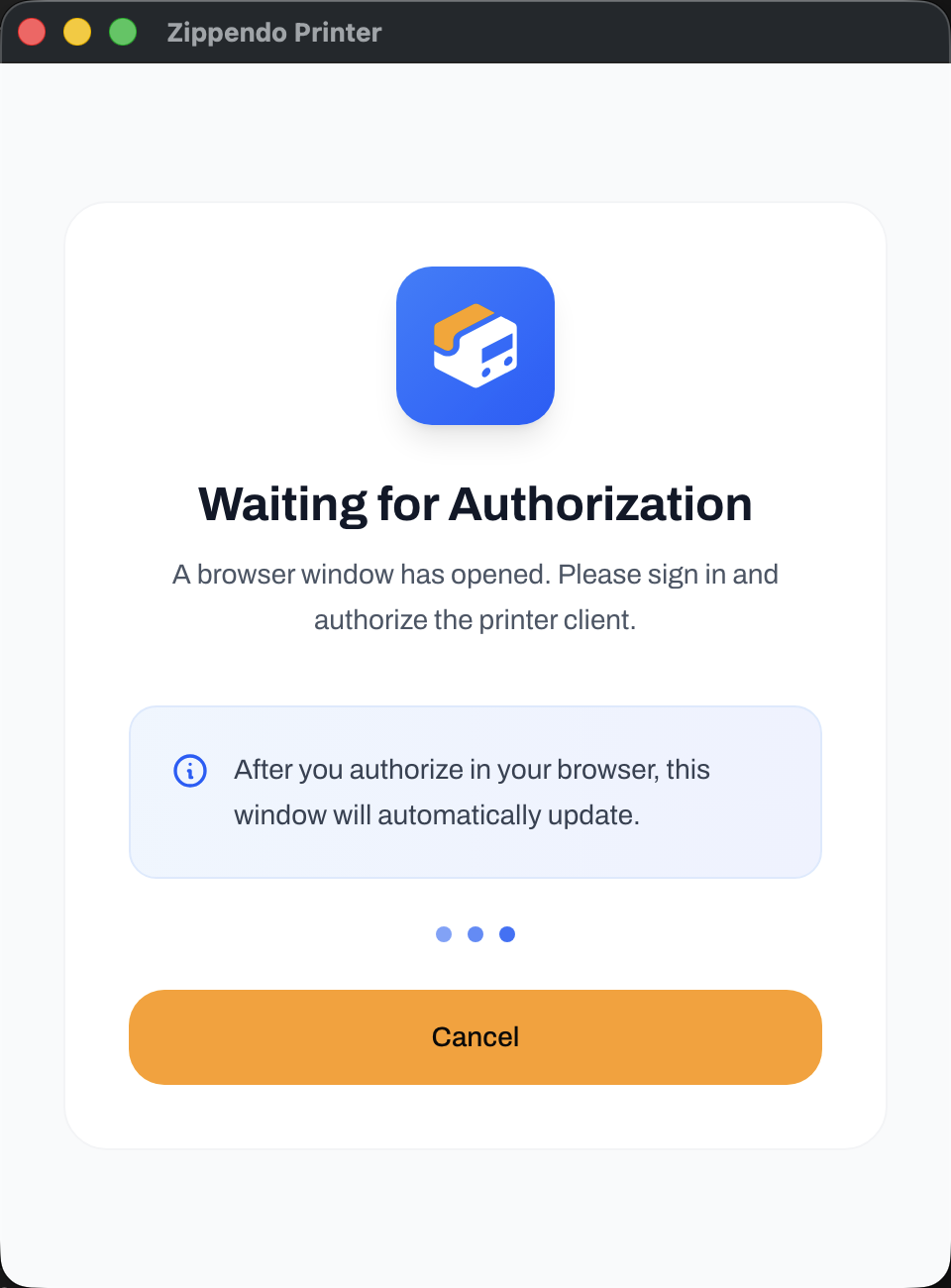 Zippendo Printer desktop app window showing Waiting for Authorization with a Cancel button