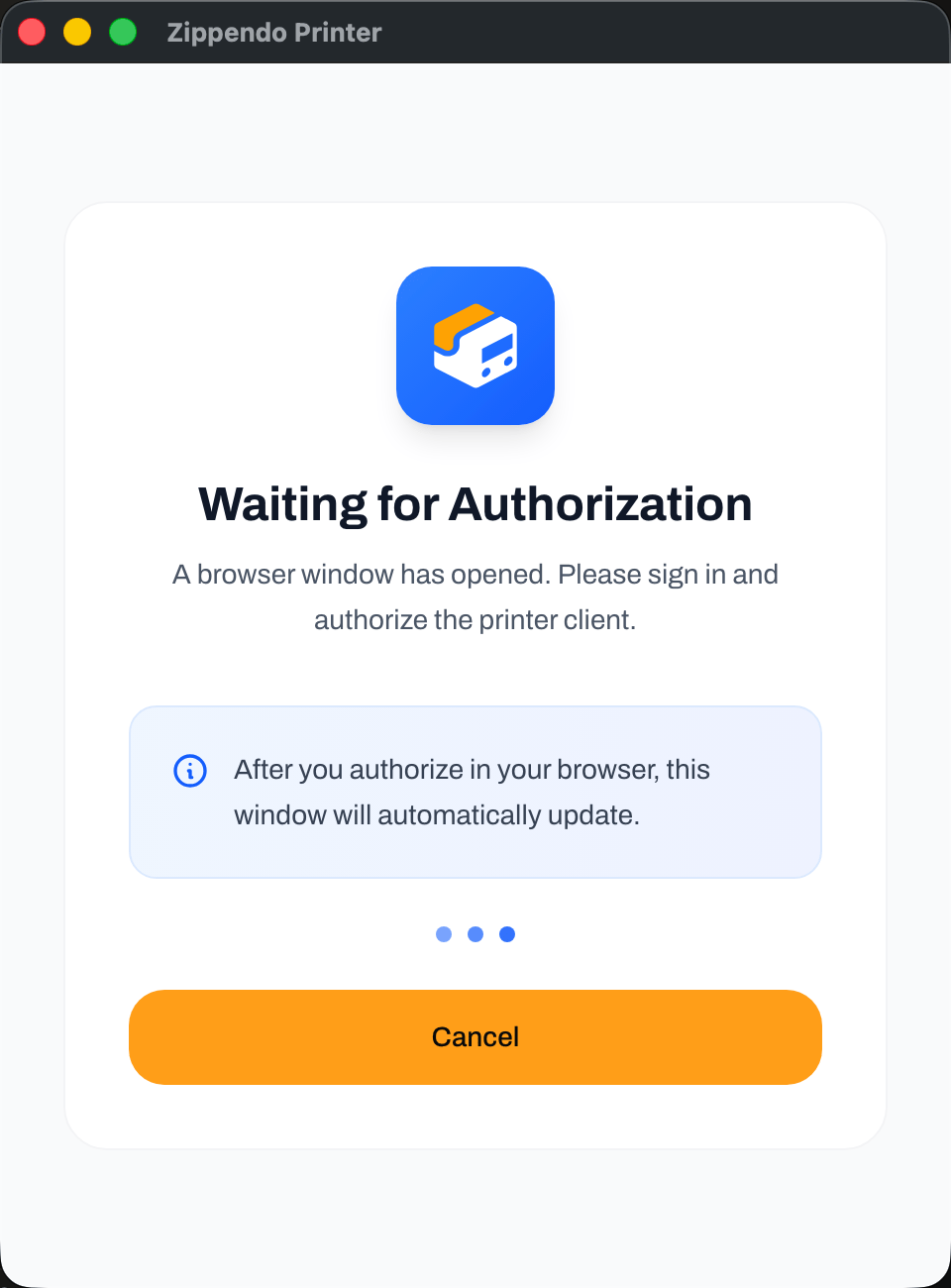 Zippendo Printer desktop app window showing Waiting for Authorization with a Cancel button