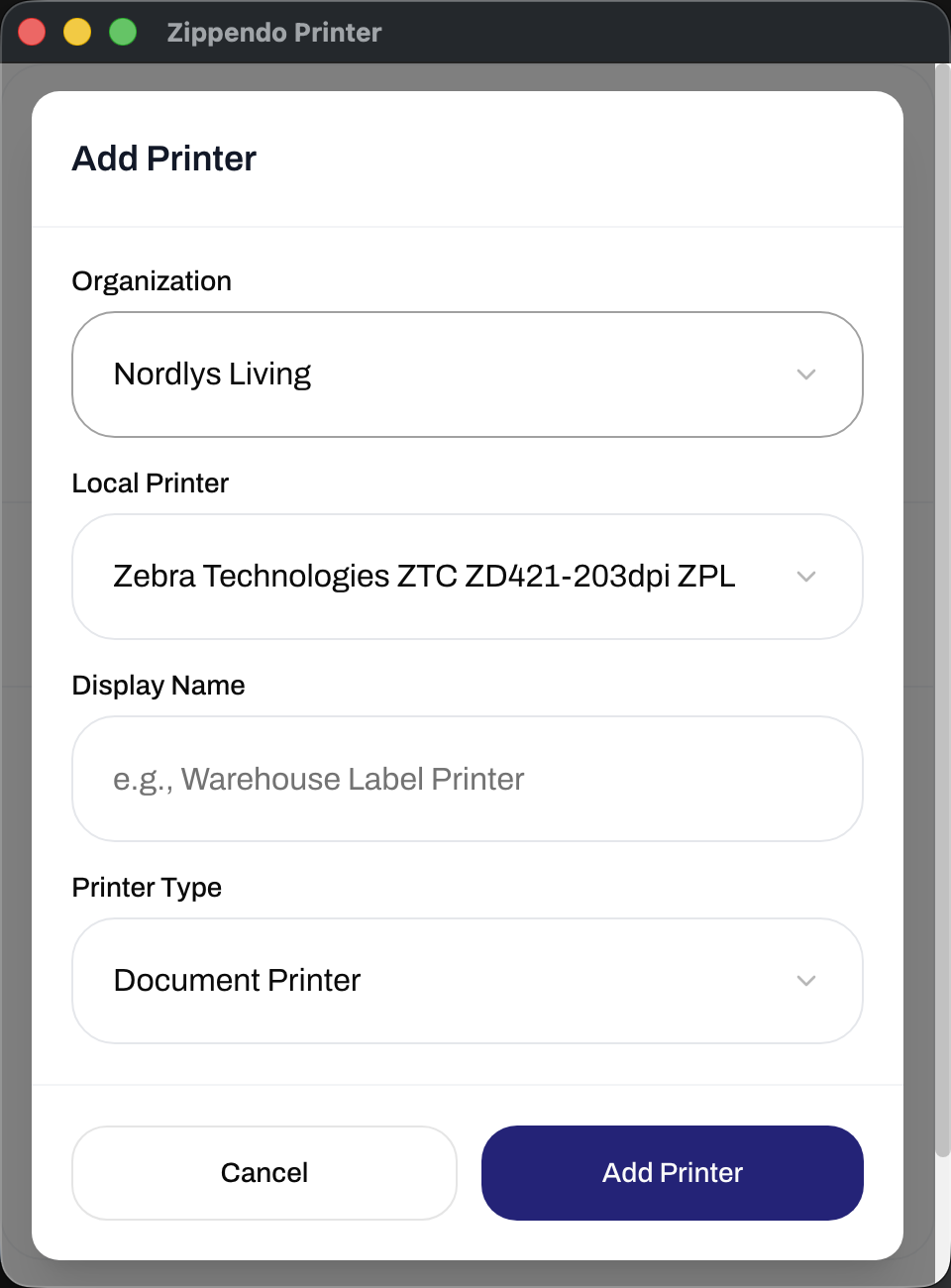 Zippendo Printer desktop app window with Add Printer dialog, Nordlys Living selected, a Zebra ZD421 local printer, Display Name, and Document Printer