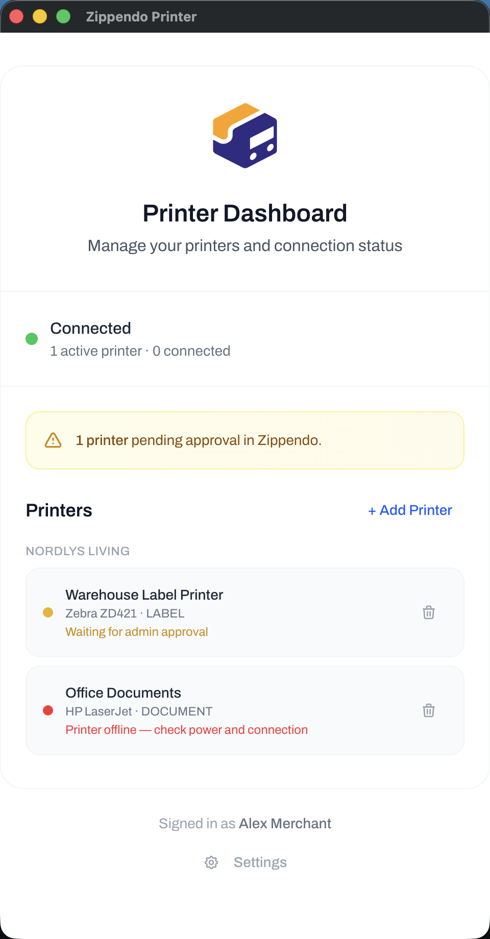 Zippendo Printer desktop app window Connected with one printer pending approval in Zippendo and Waiting for admin approval on the label printer