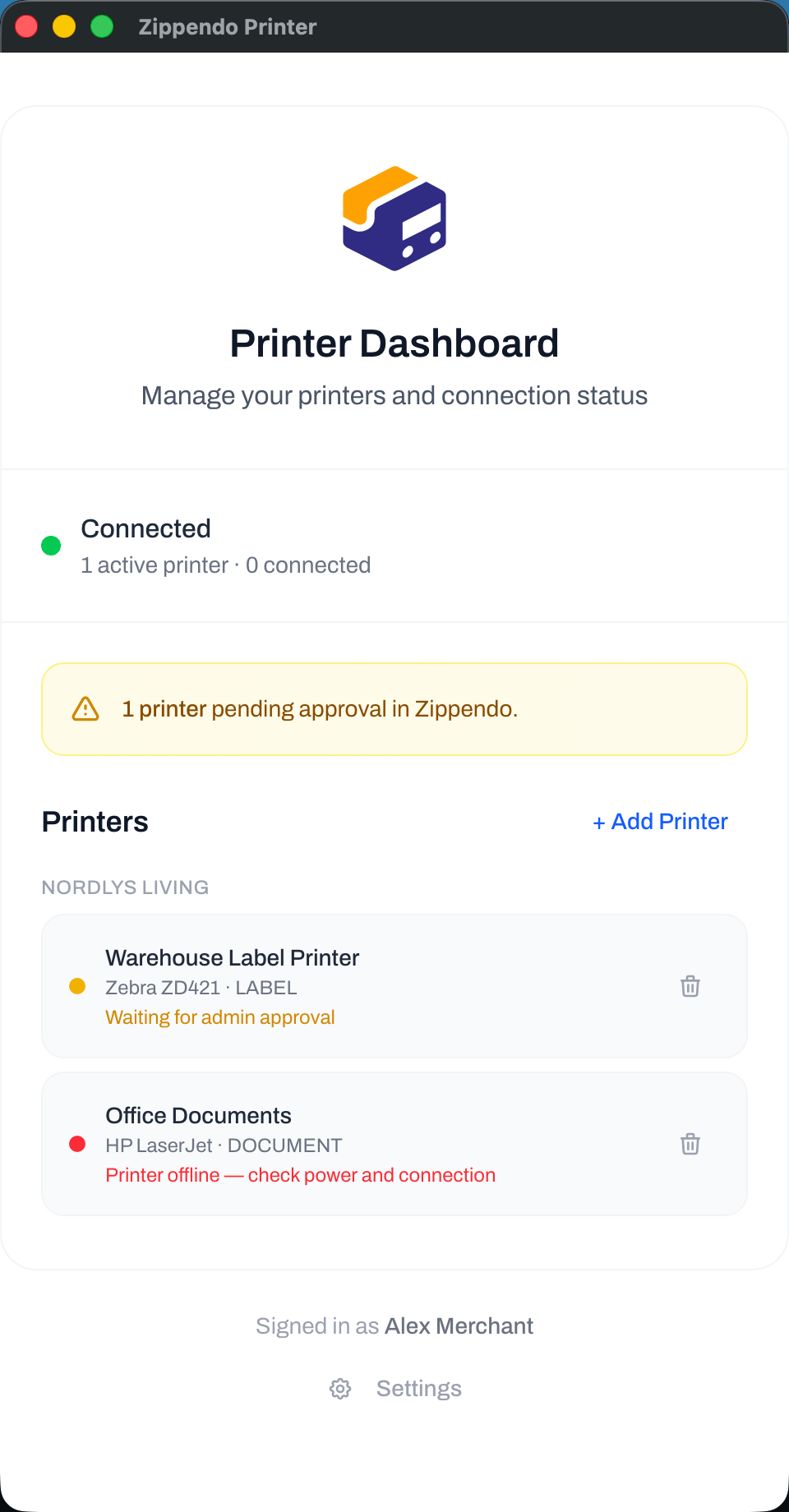 Zippendo Printer desktop app window Connected with one printer pending approval in Zippendo and Waiting for admin approval on the label printer