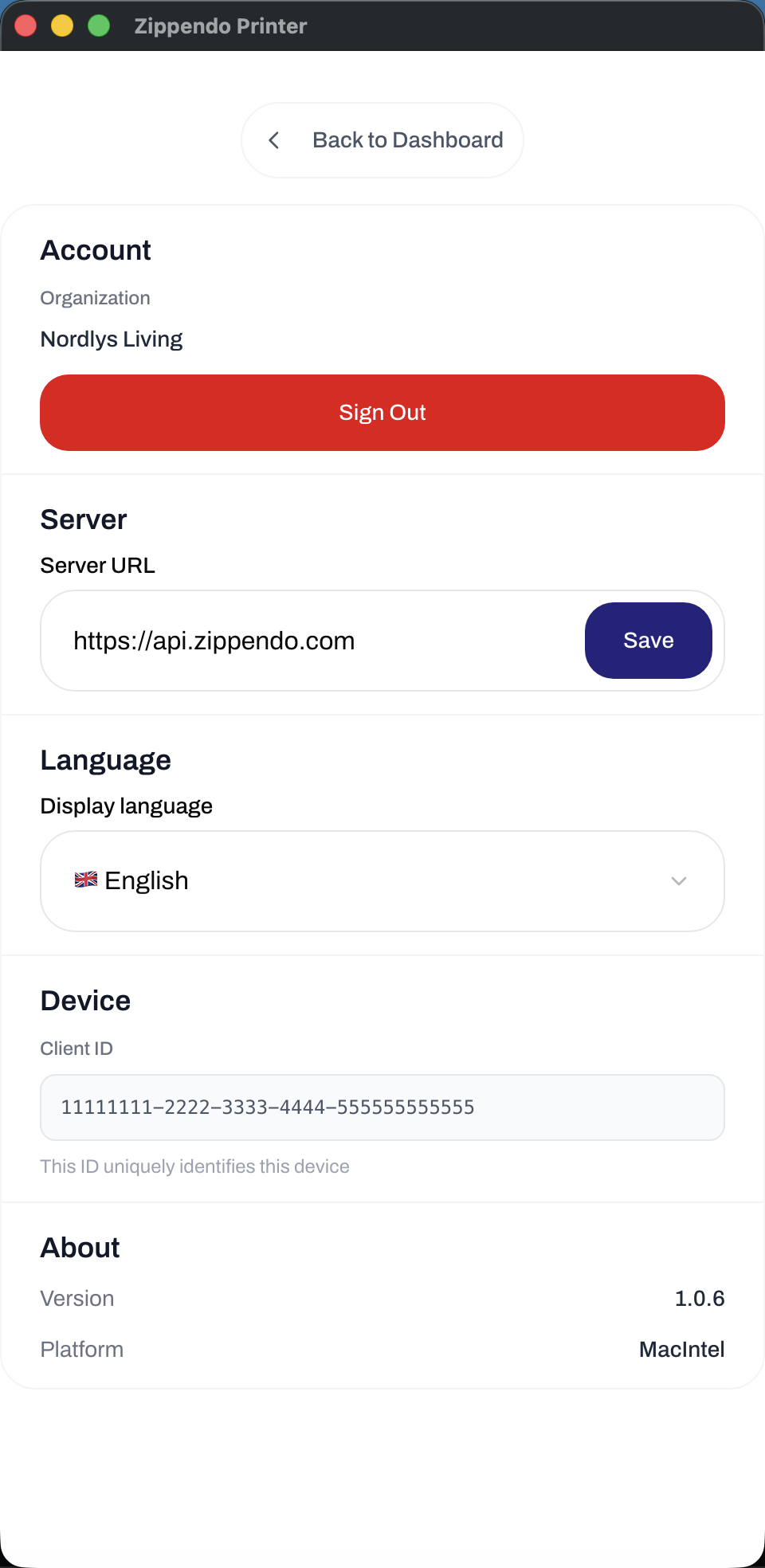 Zippendo Printer desktop app Settings with Back to Dashboard, Sign Out, Server URL, Display language, Client ID, Version, and Platform