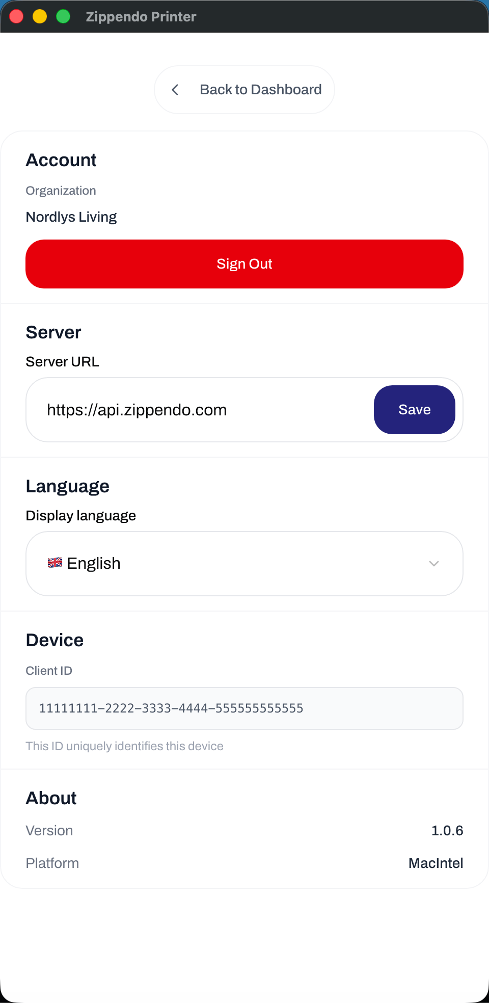Zippendo Printer desktop app Settings with Back to Dashboard, Sign Out, Server URL, Display language, Client ID, Version, and Platform