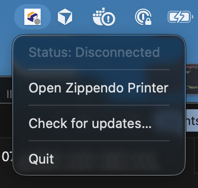 macOS menu bar extra for Zippendo Printer with Status Disconnected, Open Zippendo Printer, Check for updates, and Quit