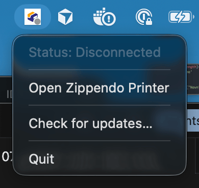 macOS menu bar extra for Zippendo Printer with Status Disconnected, Open Zippendo Printer, Check for updates, and Quit