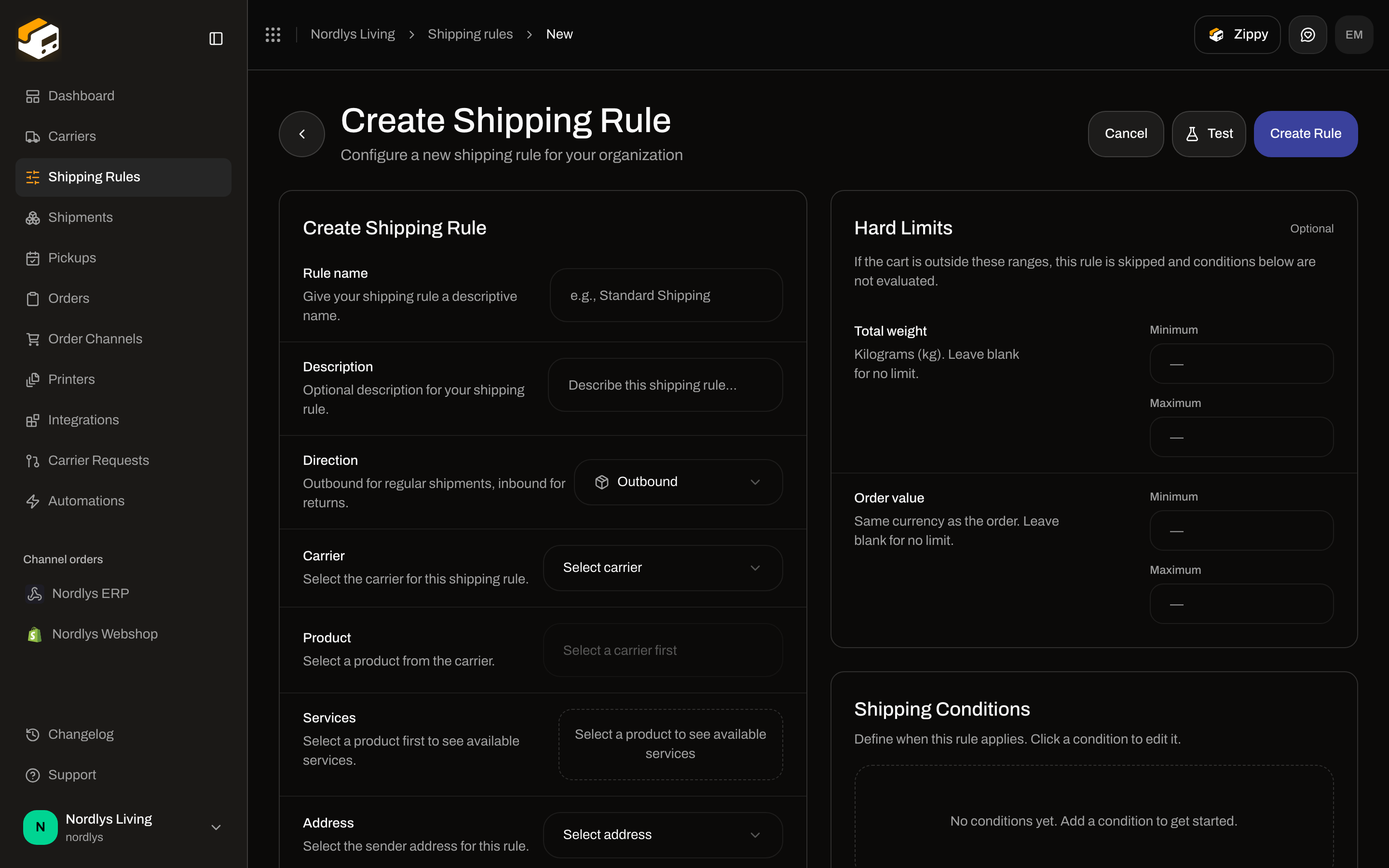 Create Shipping Rule form with Direction set to Outbound and the inbound-for-returns description