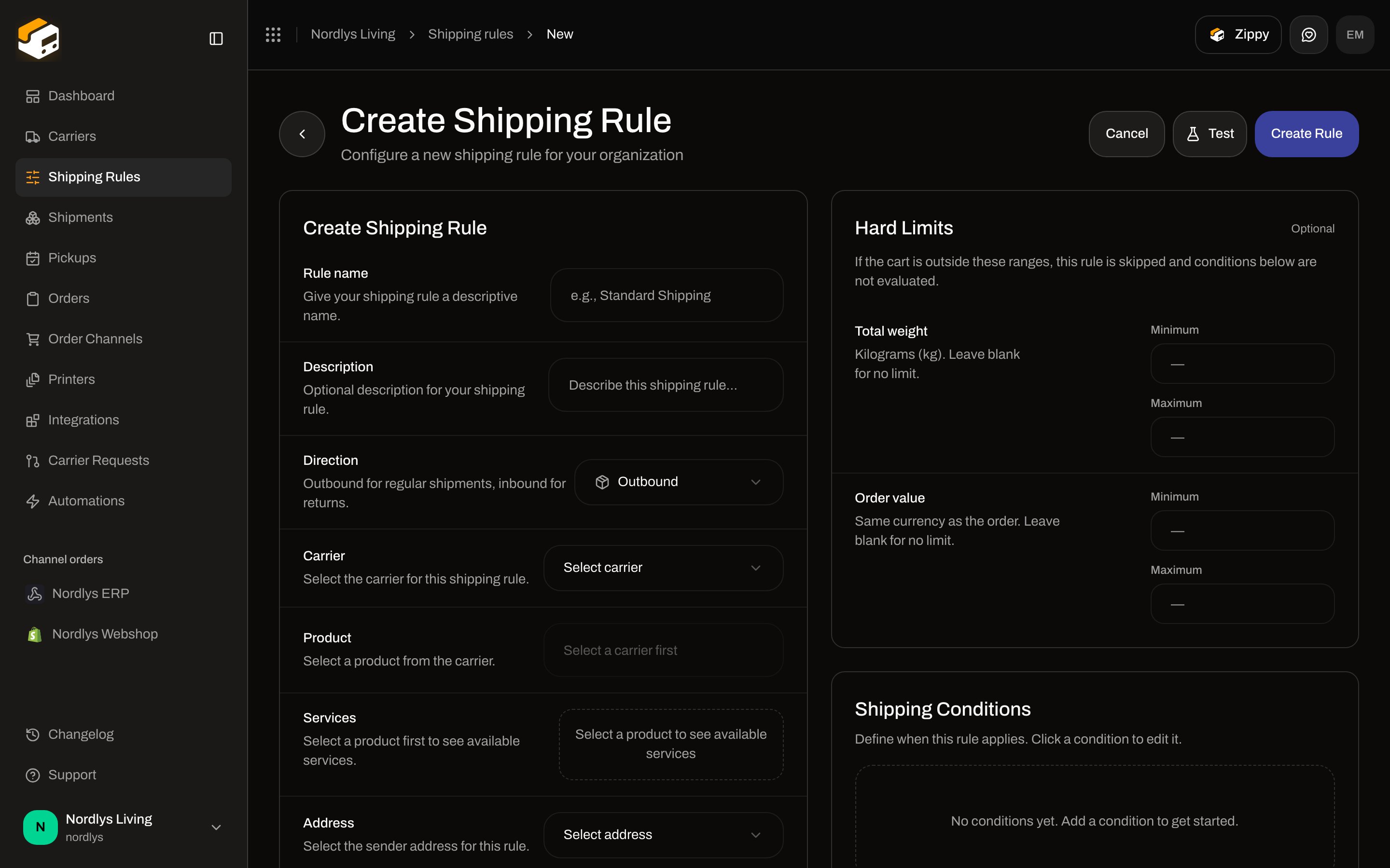 Create Shipping Rule form with Direction set to Outbound and the inbound-for-returns description