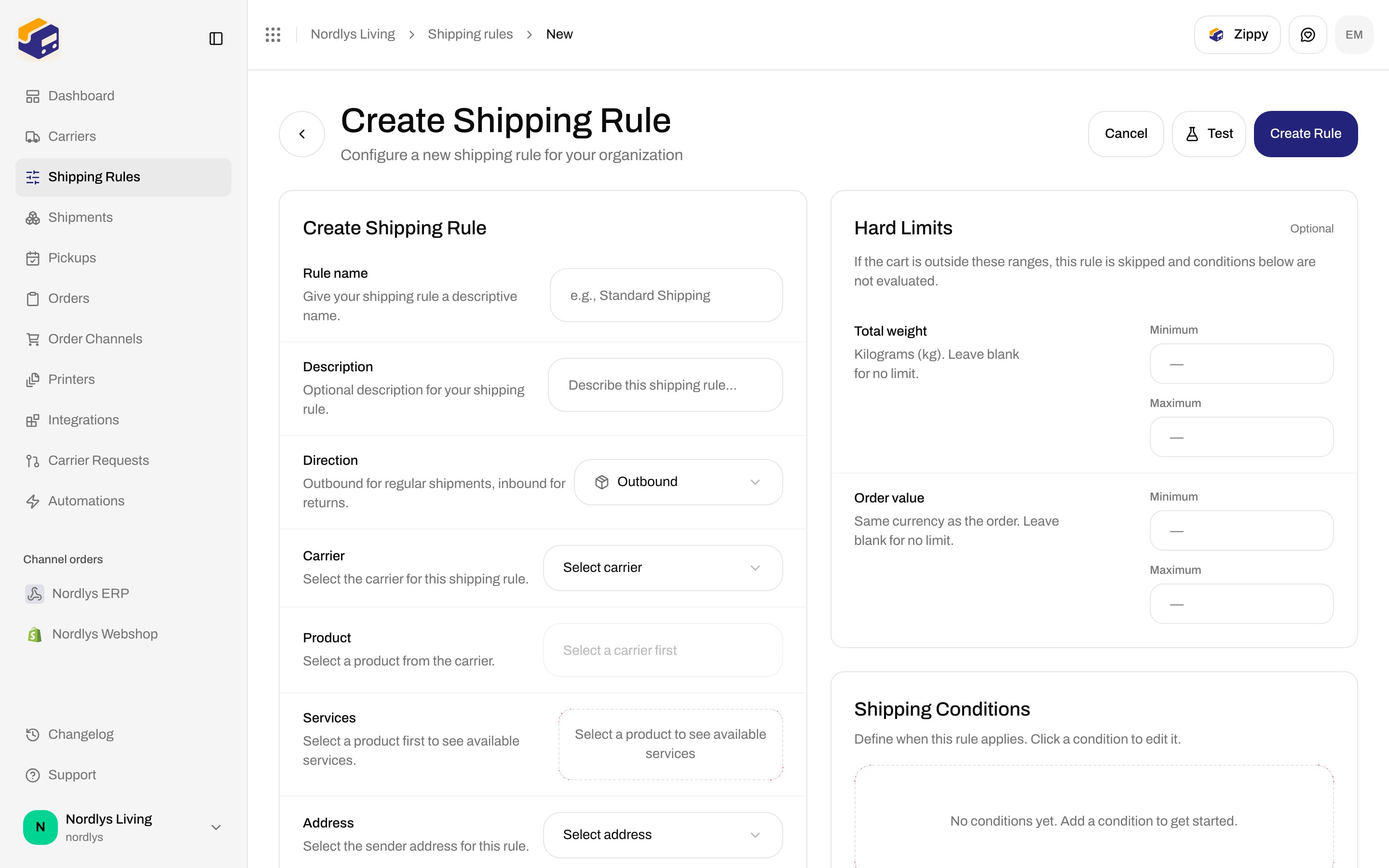 Create Shipping Rule form with Direction set to Outbound and the inbound-for-returns description