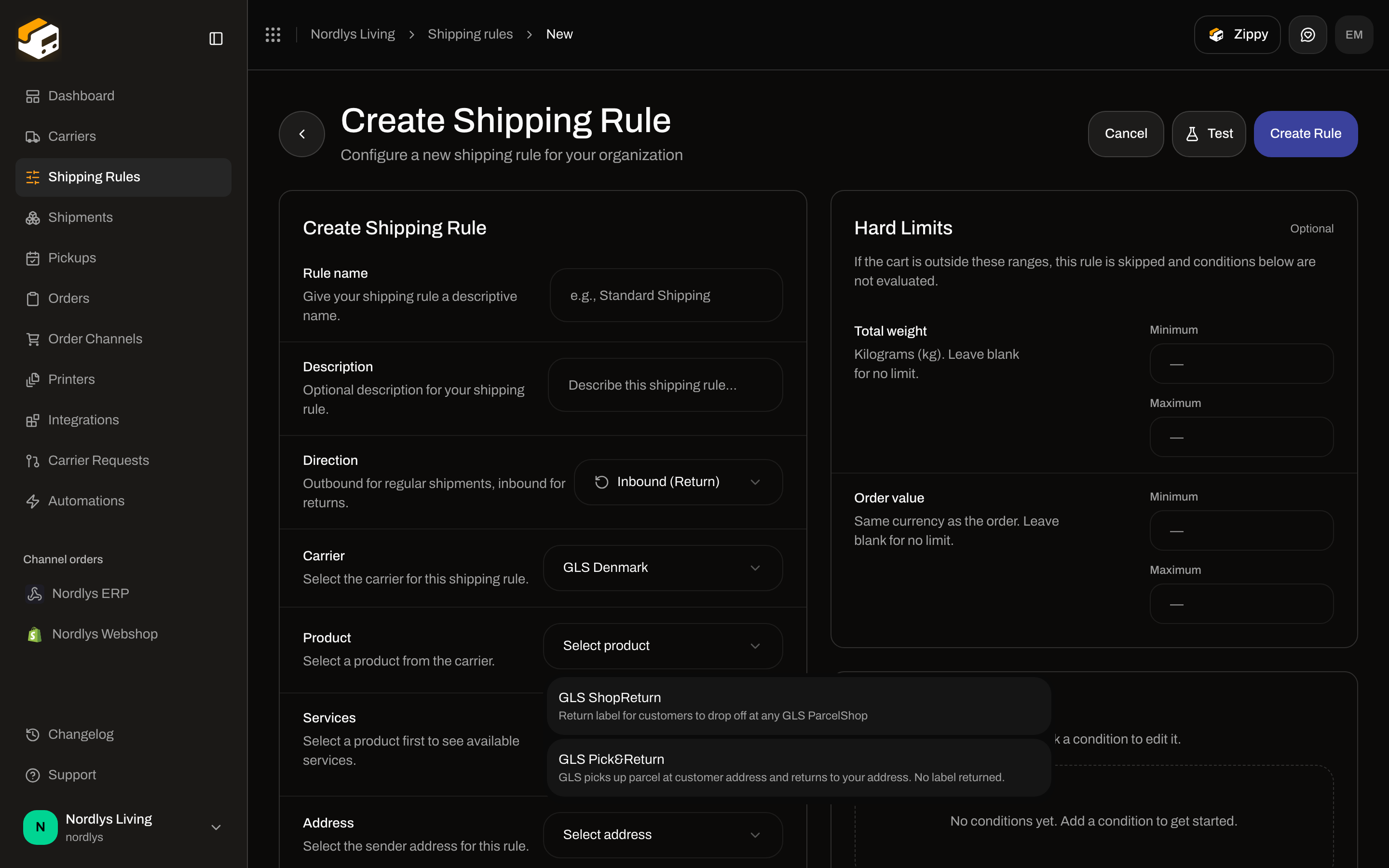 Create Shipping Rule with Direction Inbound (Return), GLS Denmark, and GLS ShopReturn / GLS Pick&Return in the product list