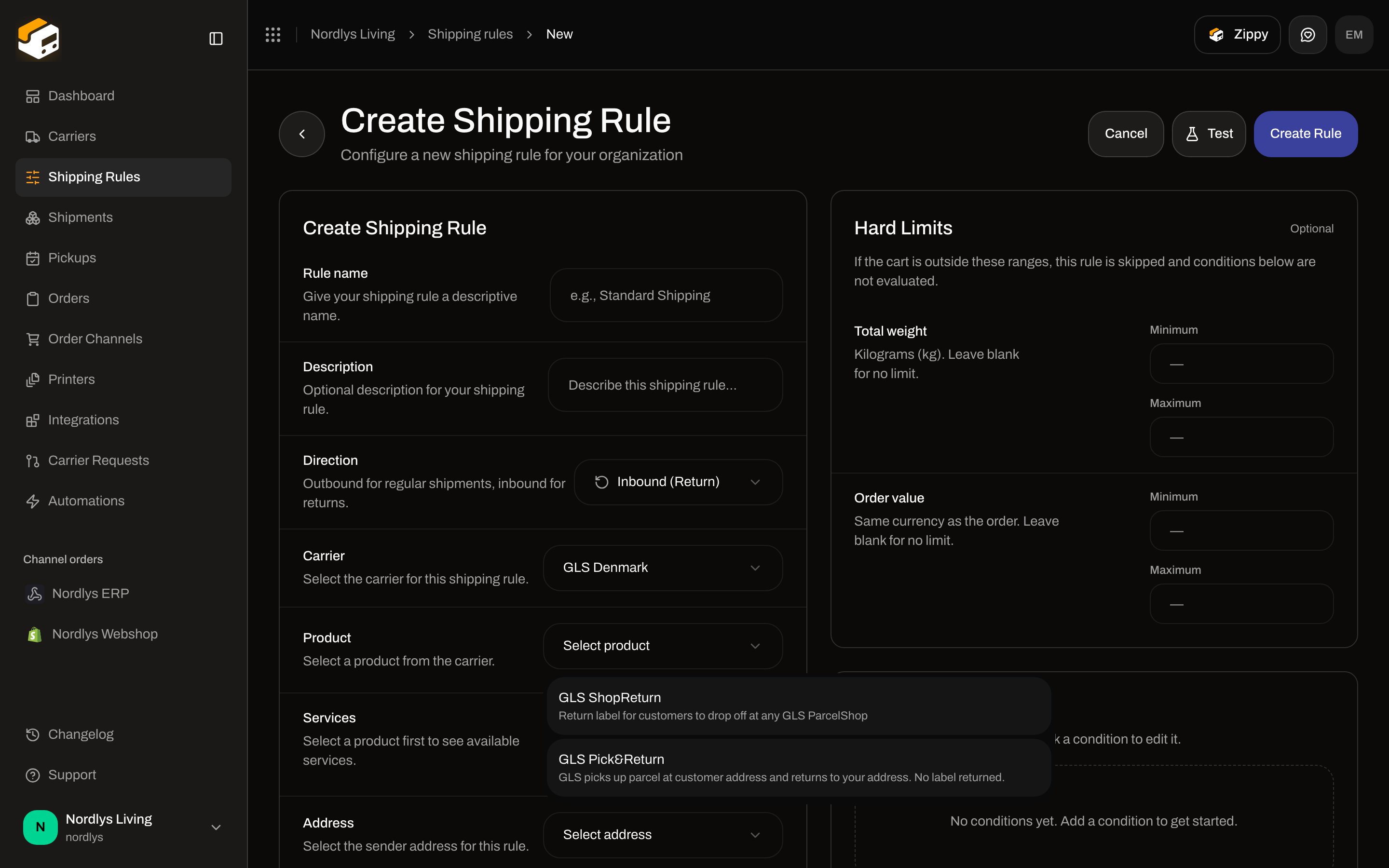 Create Shipping Rule with Direction Inbound (Return), GLS Denmark, and GLS ShopReturn / GLS Pick&Return in the product list
