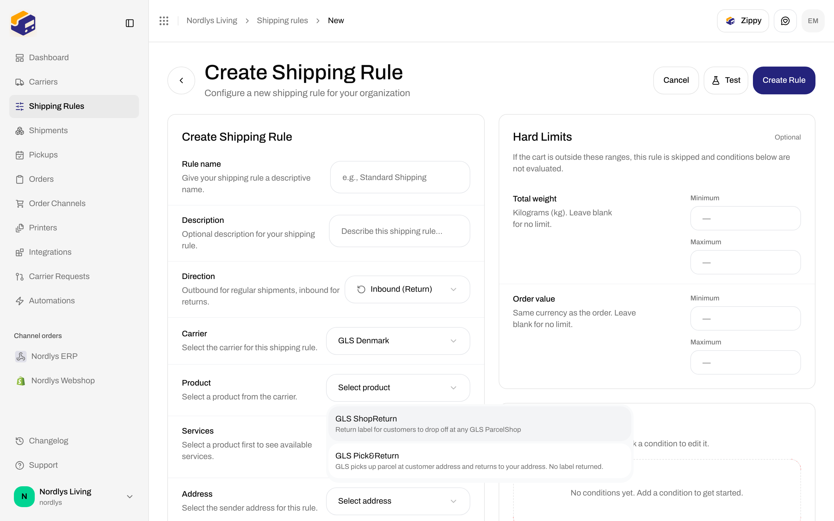 Create Shipping Rule with Direction Inbound (Return), GLS Denmark, and GLS ShopReturn / GLS Pick&Return in the product list