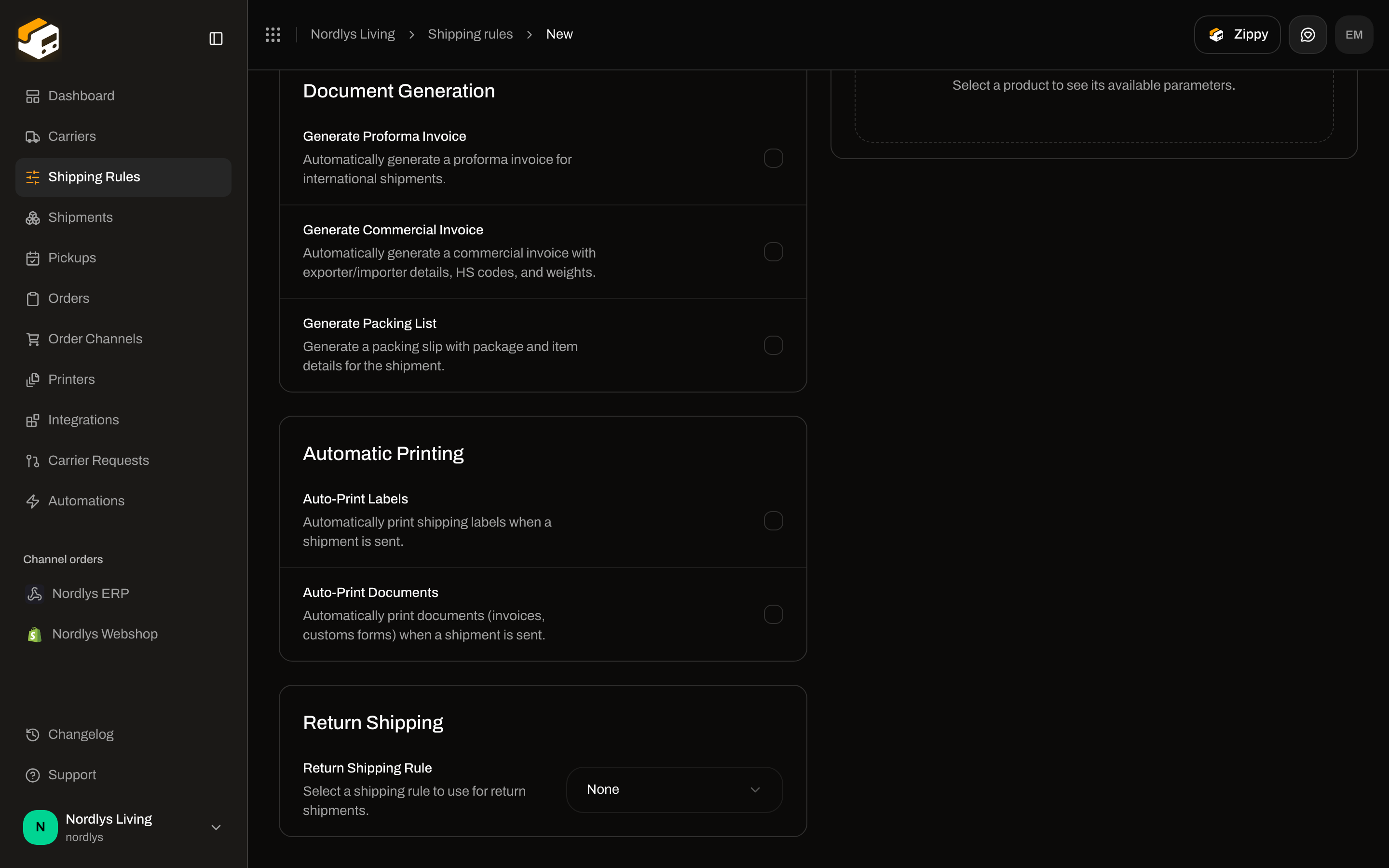 Return Shipping section with Return Shipping Rule set to None, below Automatic Printing