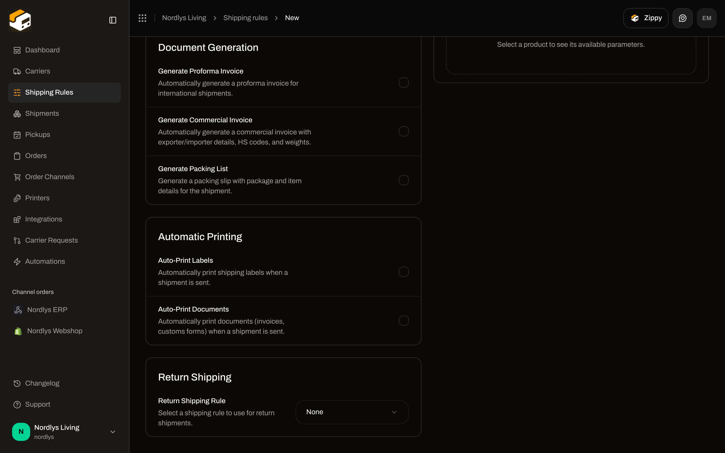 Return Shipping section with Return Shipping Rule set to None, below Automatic Printing