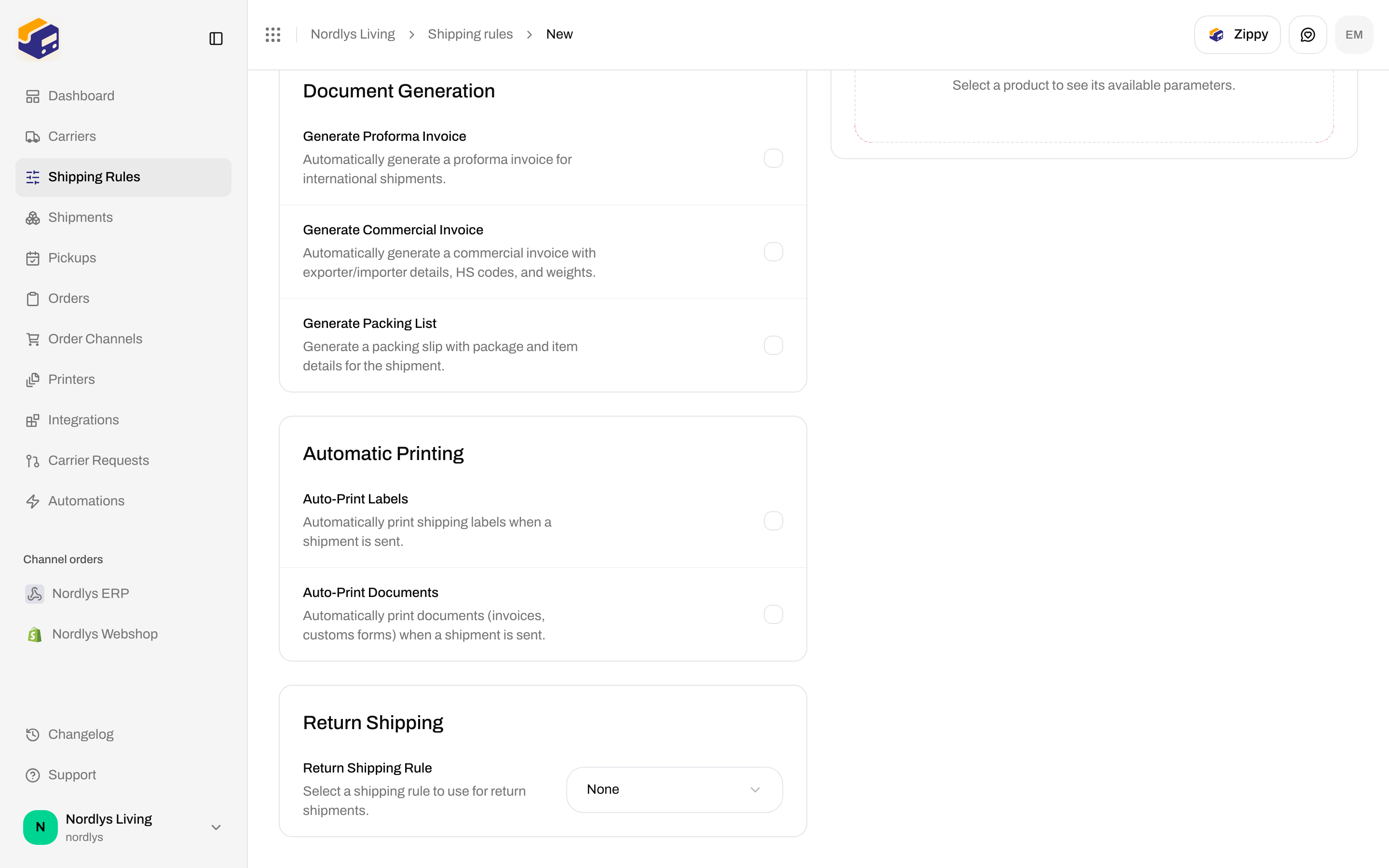 Return Shipping section with Return Shipping Rule set to None, below Automatic Printing
