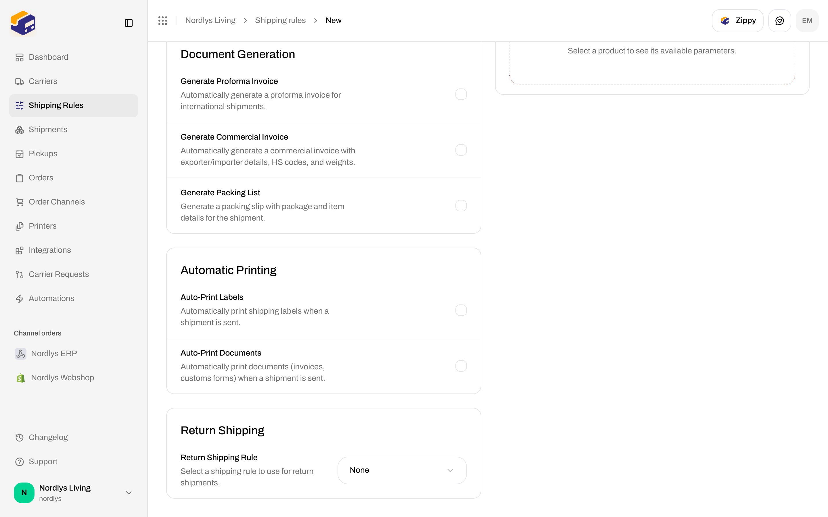 Return Shipping section with Return Shipping Rule set to None, below Automatic Printing