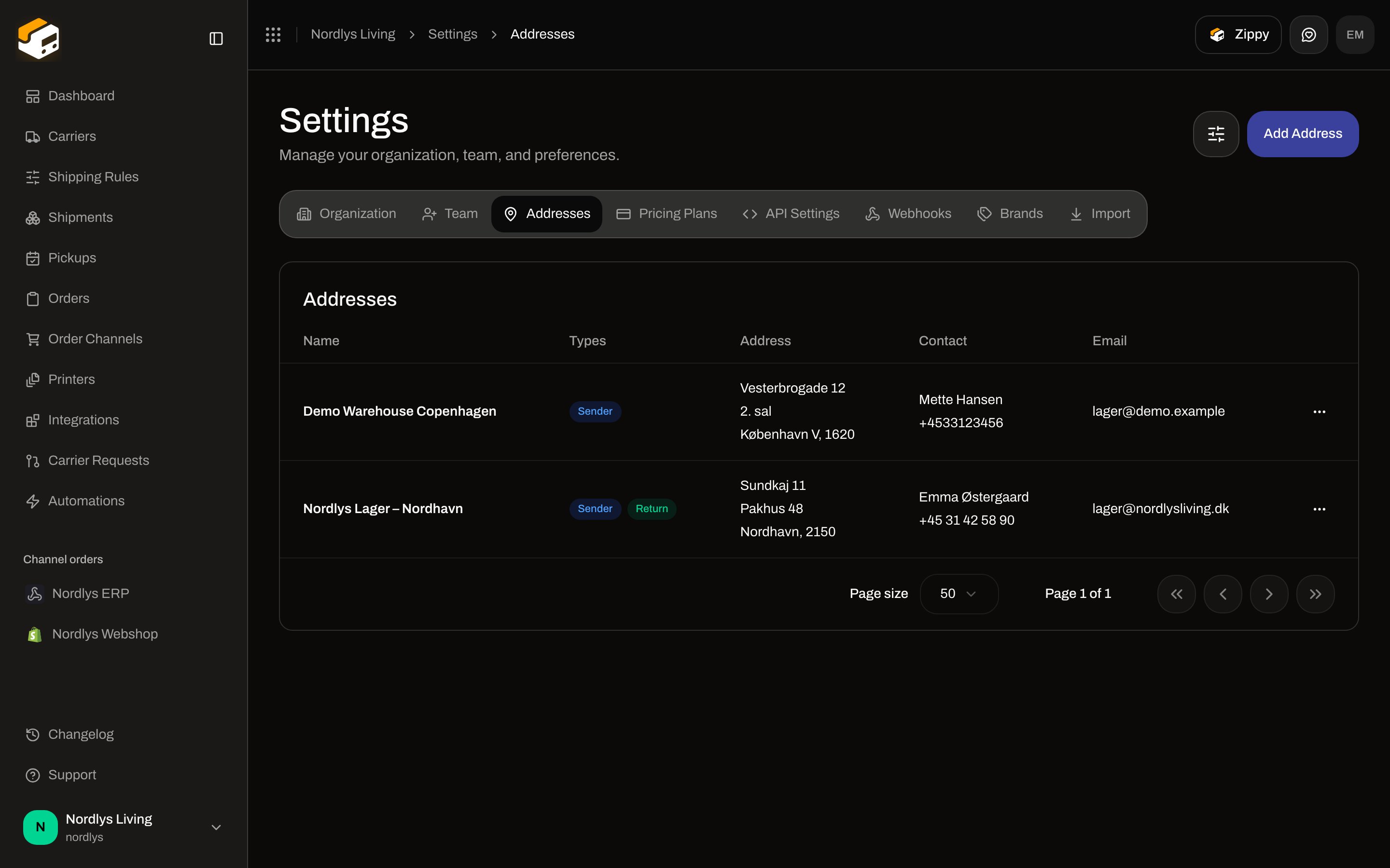 Addresses table with Sender and Return type badges