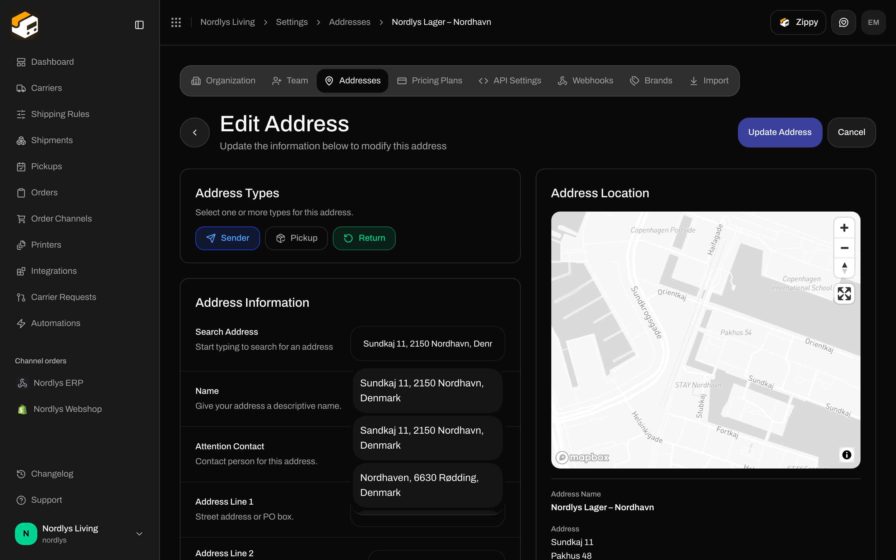 Edit Address with Address Types Sender, Pickup, and Return, Return selected