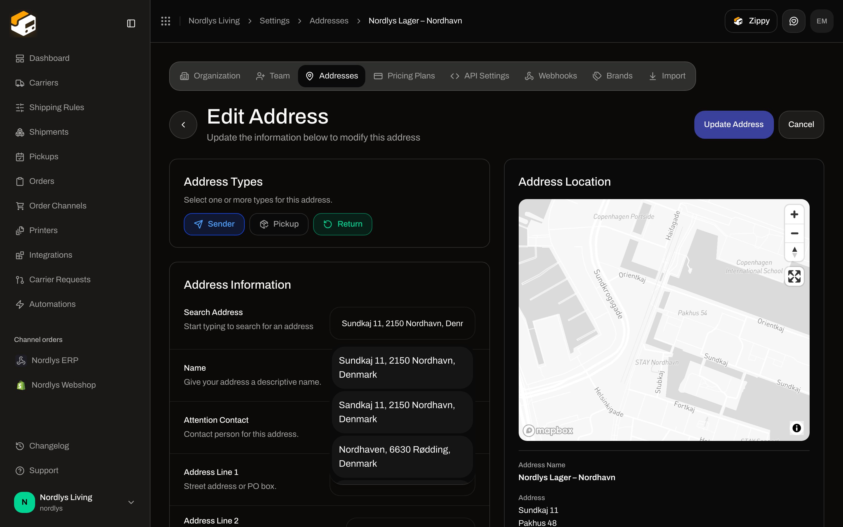 Edit Address with Address Types Sender, Pickup, and Return, Return selected