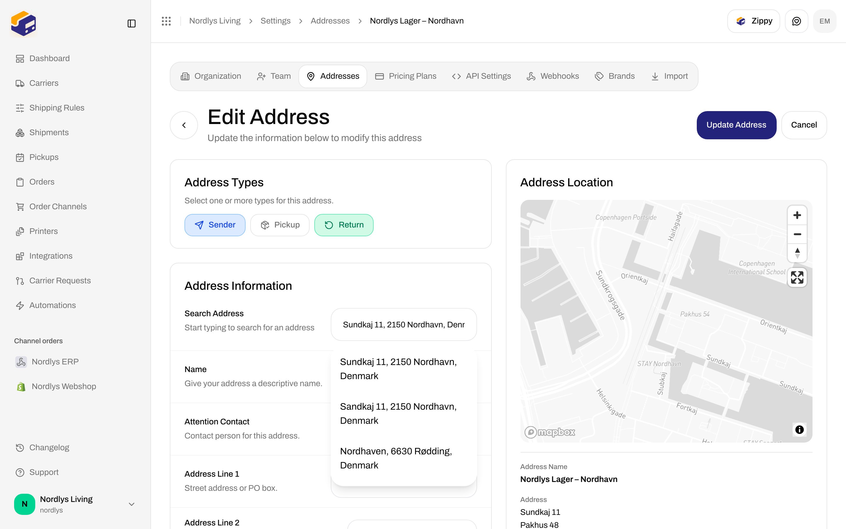 Edit Address with Address Types Sender, Pickup, and Return, Return selected