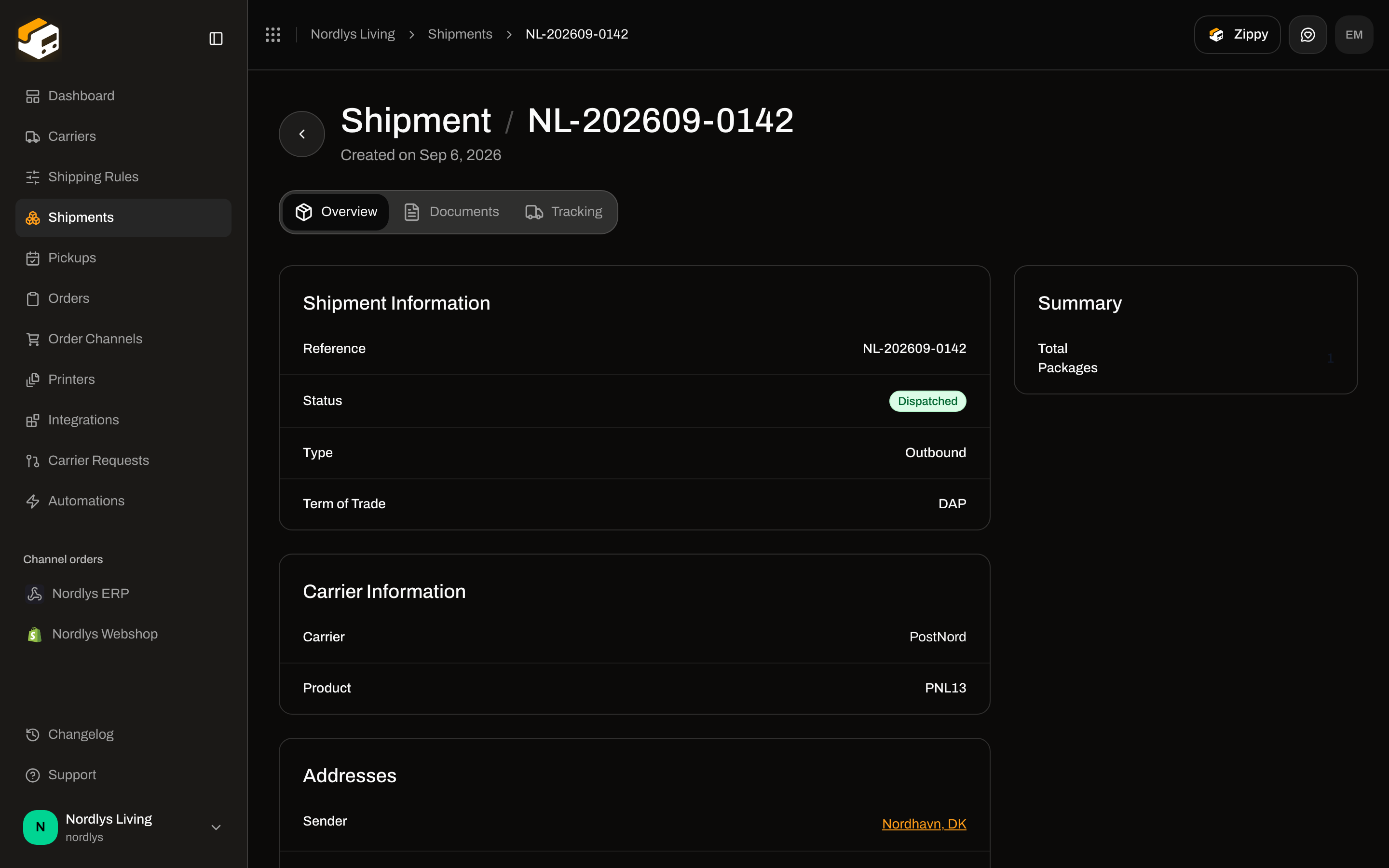 Shipment NL-202609-0142 overview, dispatched outbound, with no Create Return Shipment action